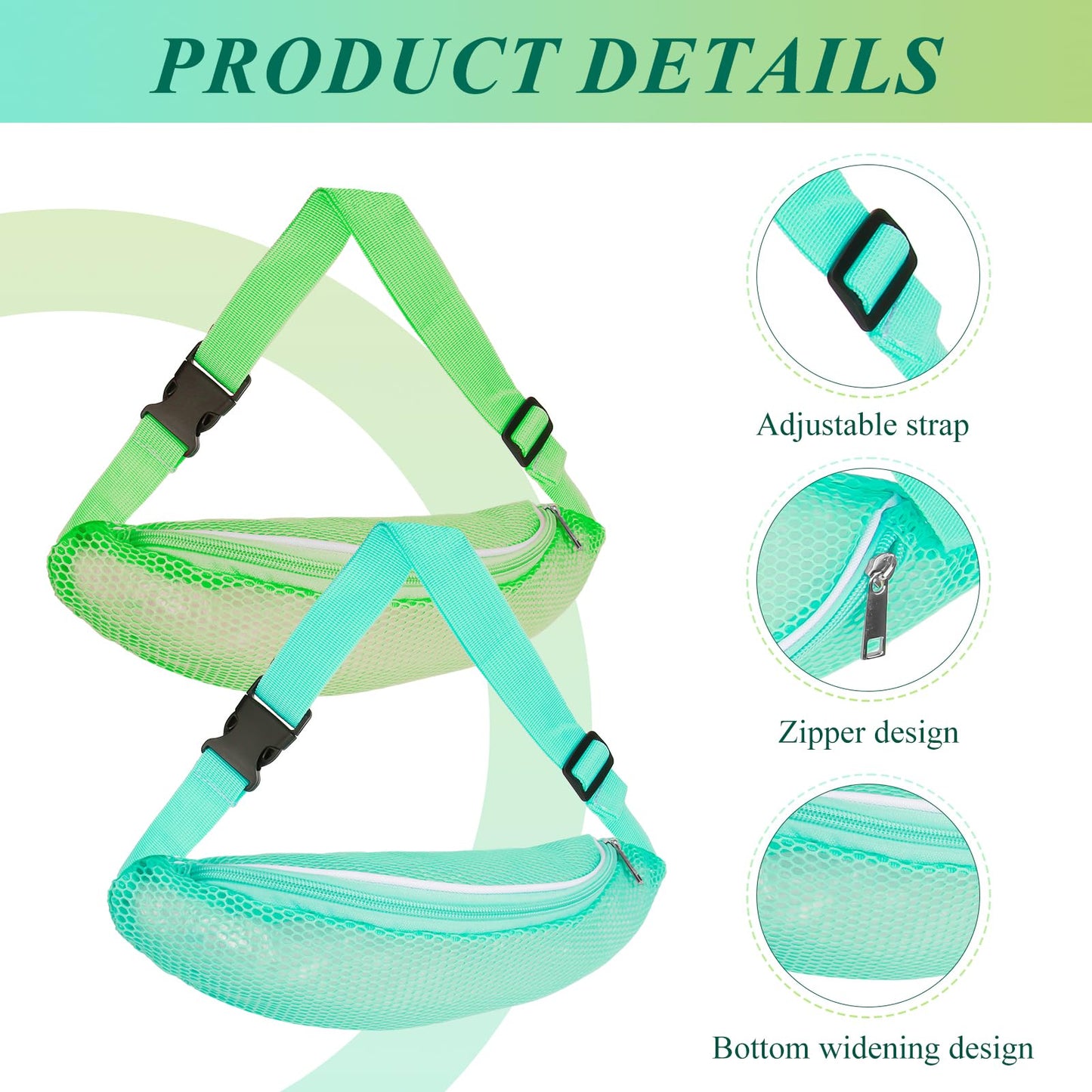 2PCS Mesh Beach Bag,Shell Bags for Beach, Fanny Pack Shell Bags for picking up shells for adults with Adjustable Straps for Collecting Seashells Rocks