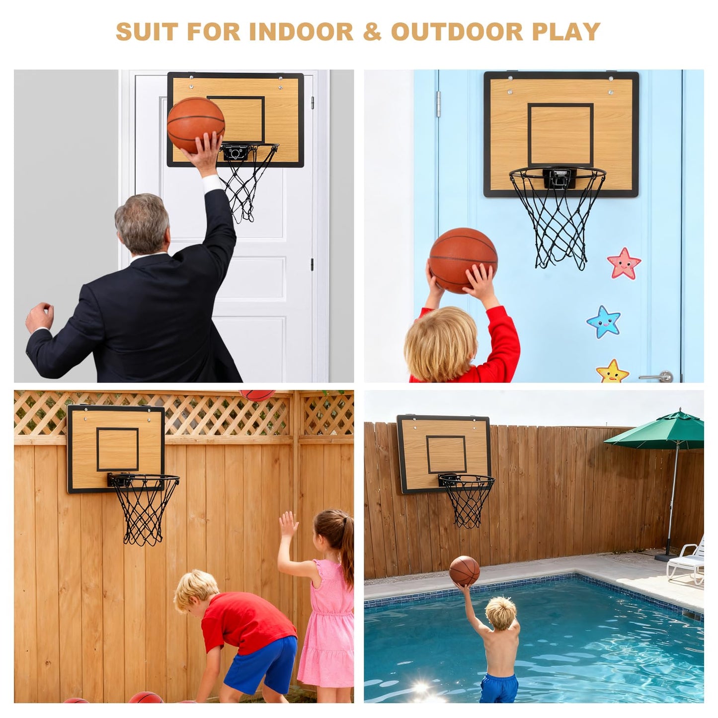 EZFXHD WTER Mini Basketball Hoop for Kids,Durable Wooden Over The Door Basketball Hoop Indoor,Mini Hoops with 4 Balls and Pump for Teens and Adults