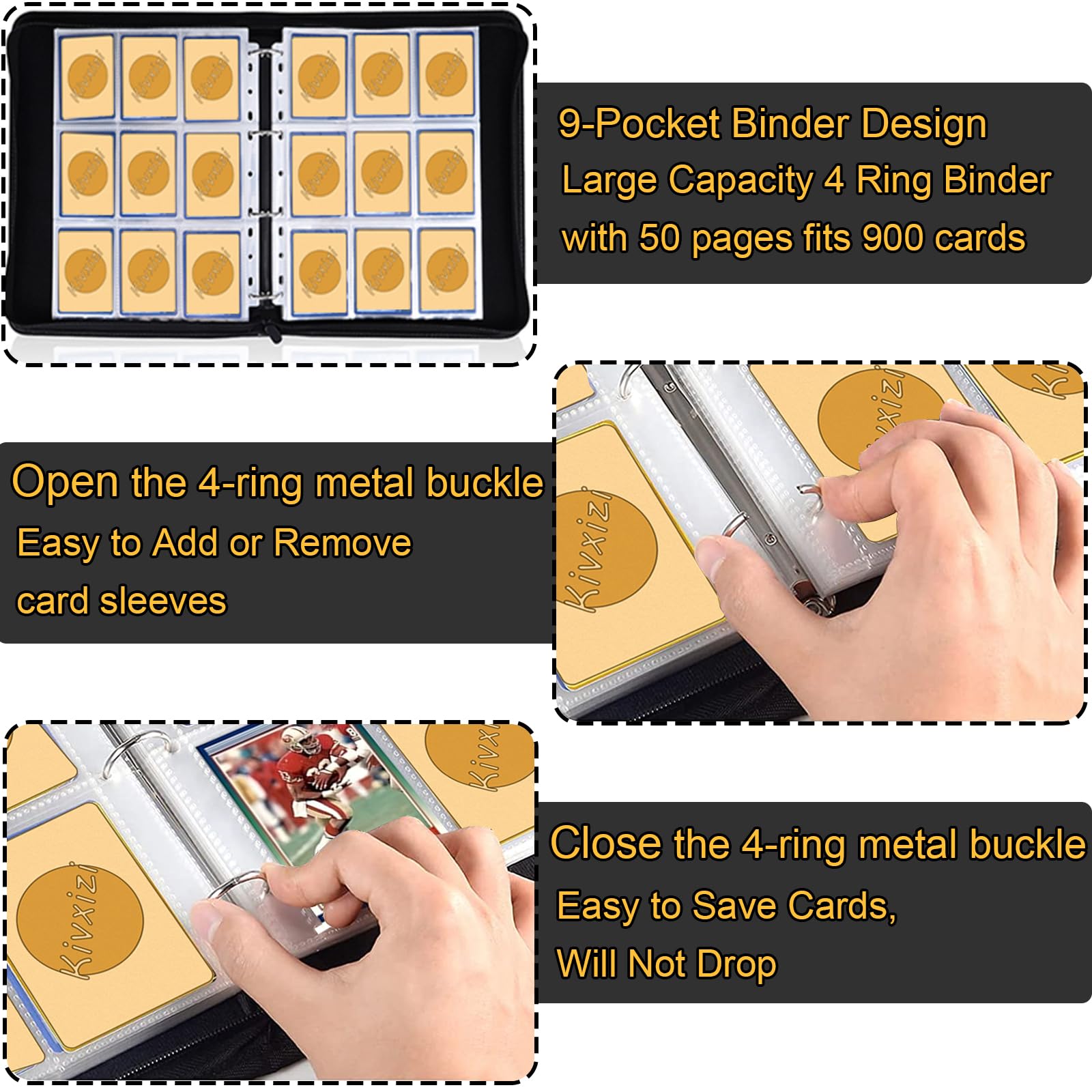 Trading Card Binder, 9 Pocket Card Binder for Cards Display and Storage, Card Holder with 50 Removable Sleeves, Zipper Card Ablum Book Case for