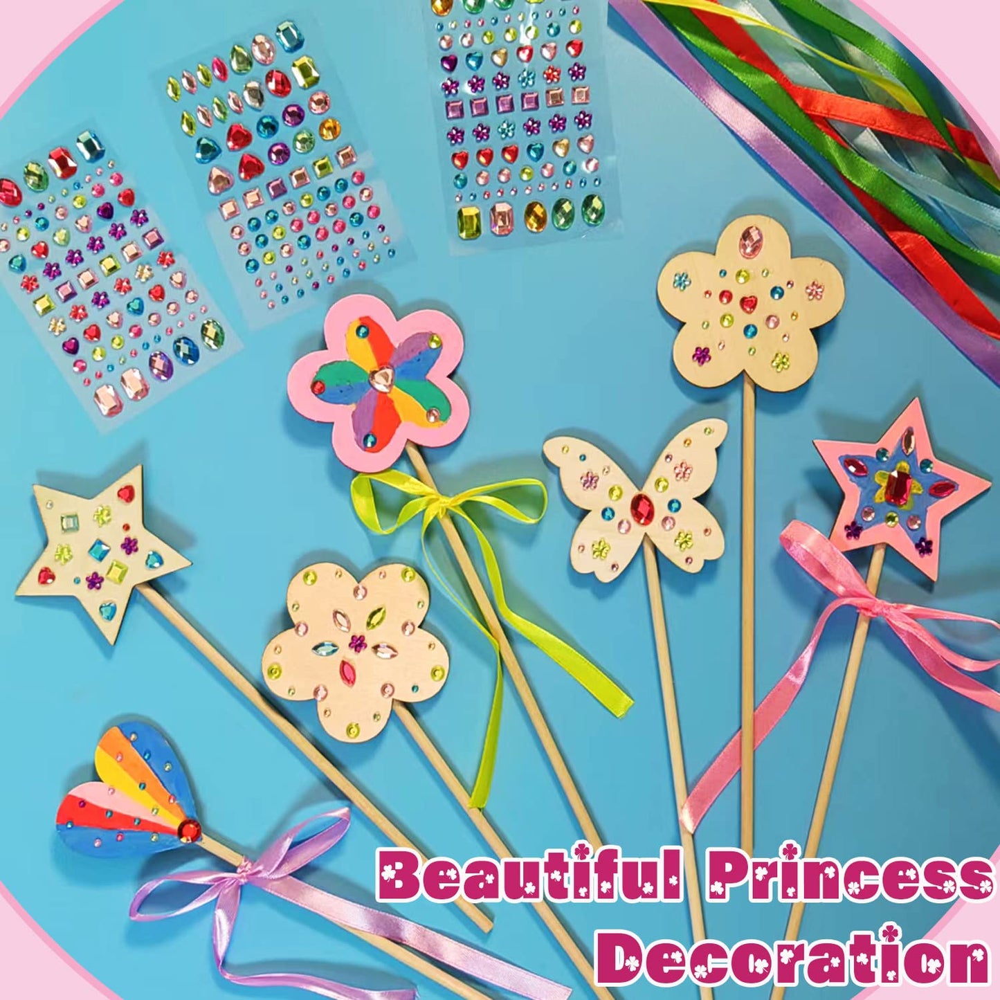 WUBOMJIO Princess Fairy Wands Craft Kit, Kid Birthday Party Supplies Make Your Own Magic Wands Include Unfinished Wooden Fairy Wands, Gem Stickers