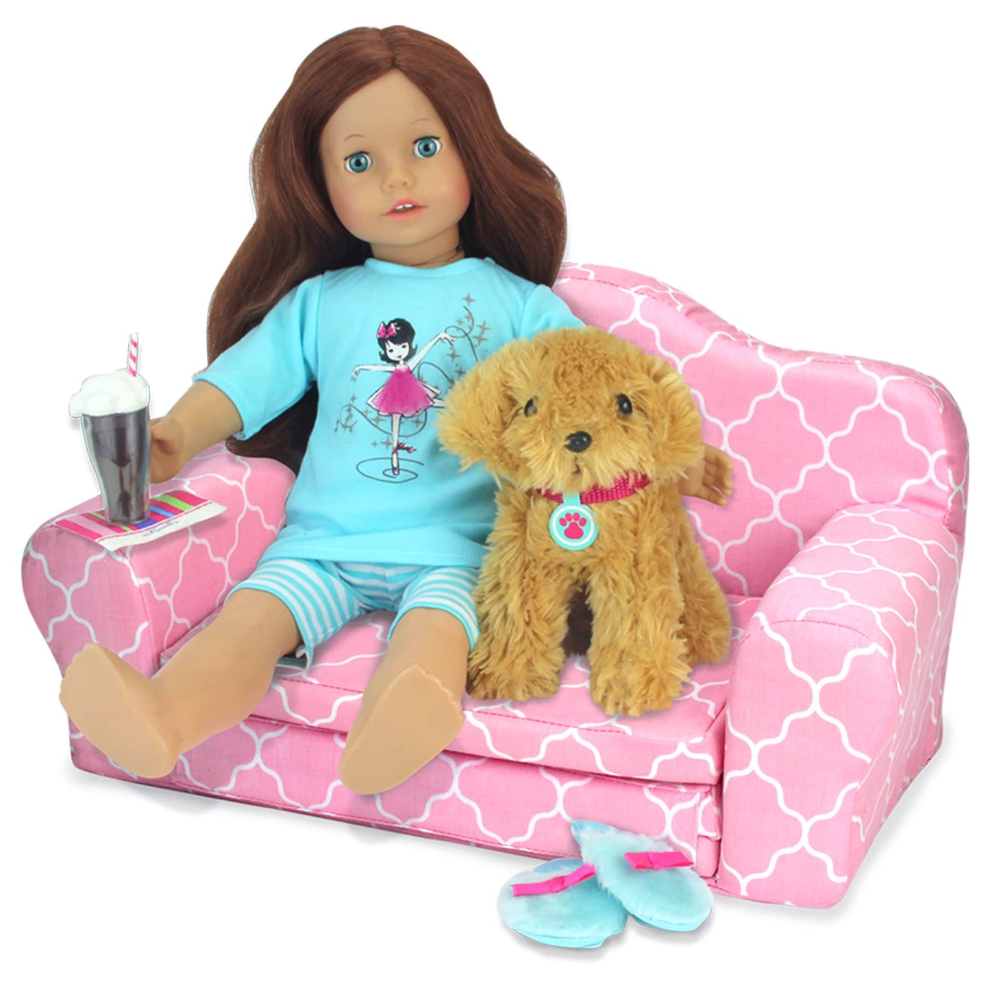 Sophia's 2-in-1 Plush Lightweight Moroccan Print Pull-Out Sofa Couch Converts to a Bed, Fits Two 18 Inch Dolls, Light Pink