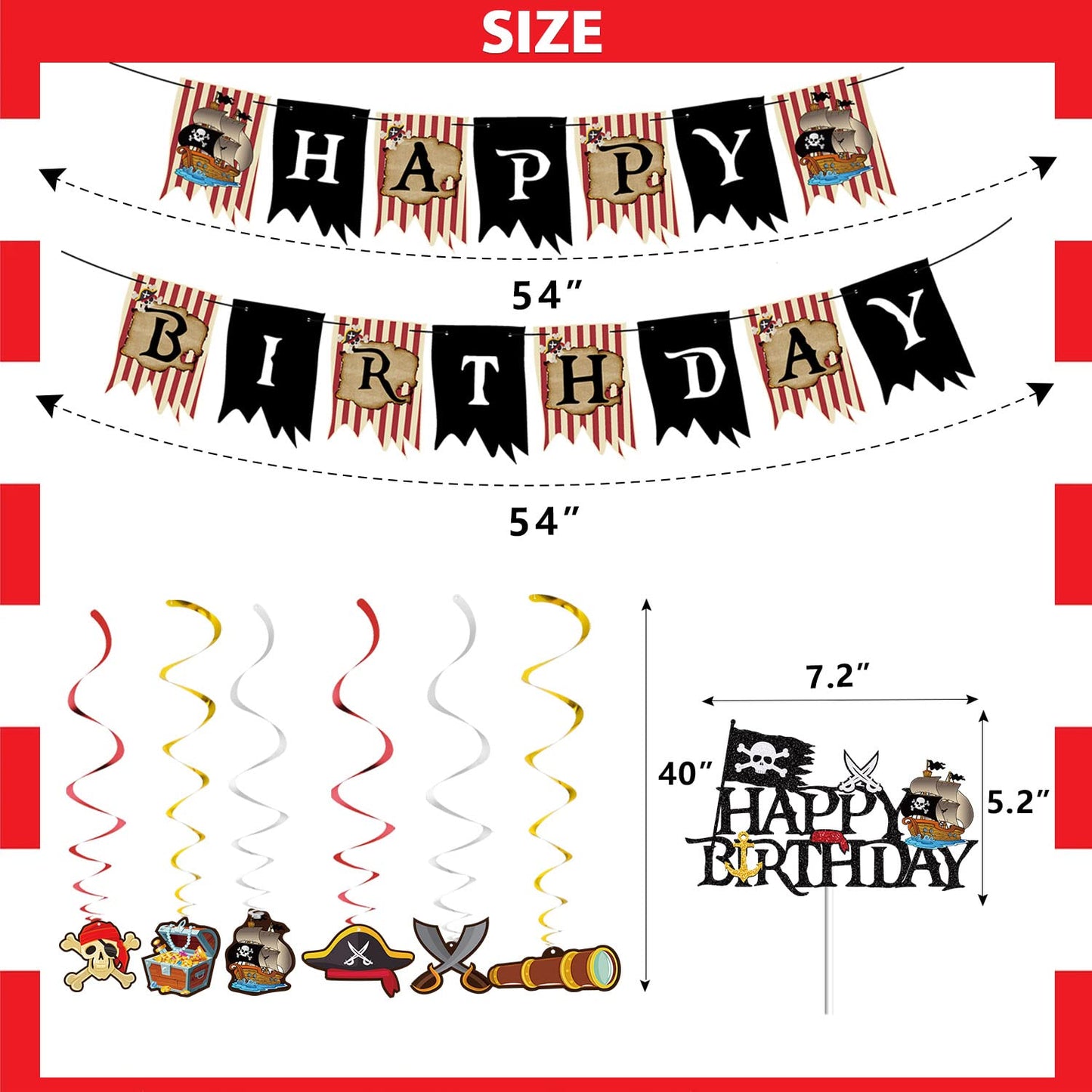 Pirate Party Decorations - Pirate Birthday Banner, Balloons, Cake Toppers & Hanging Swirls for Men, Boys & Kids