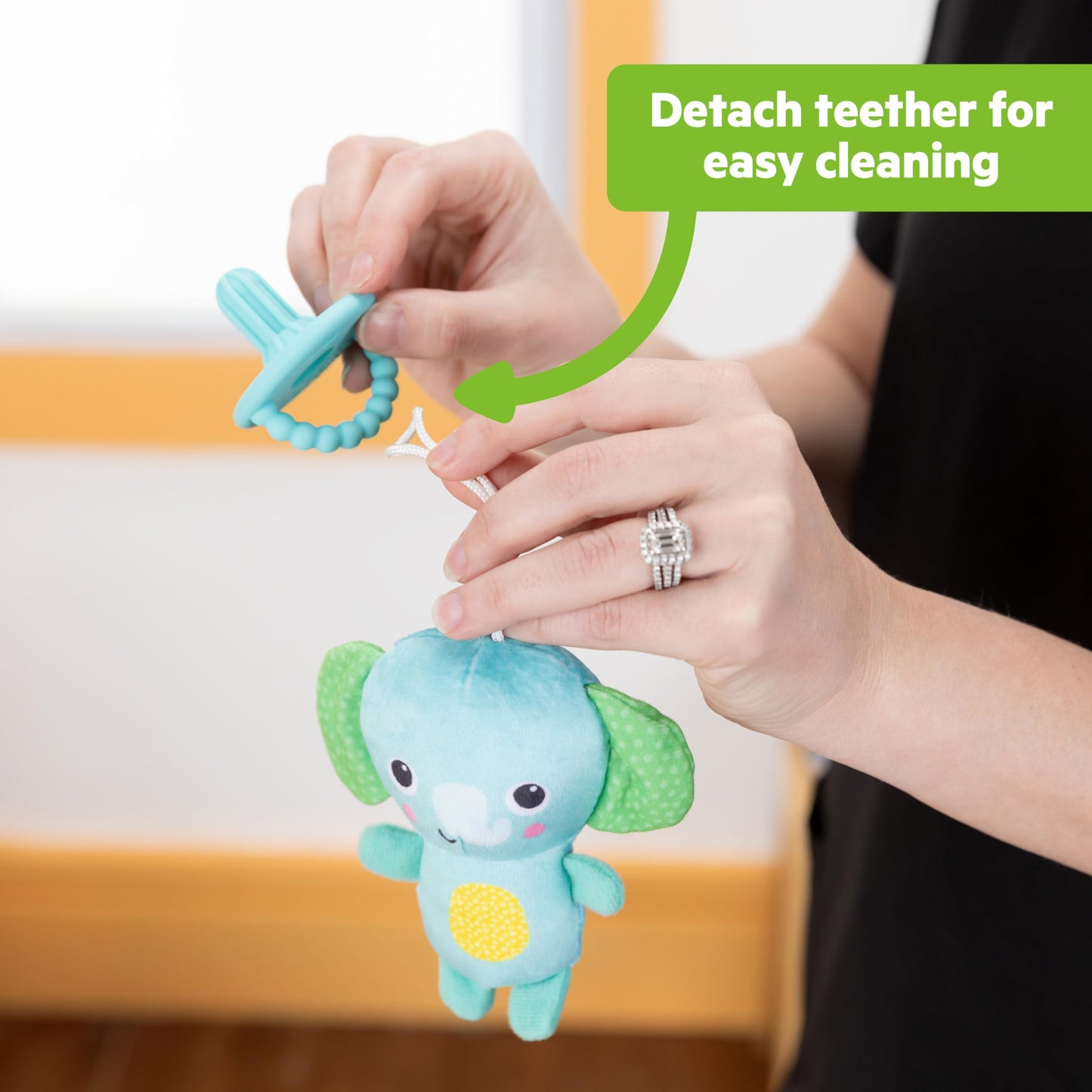 Bright Starts SootheMate Plush Elephant Teether Toy with Detachable Silicone Teether, Unisex, Newborns & Up