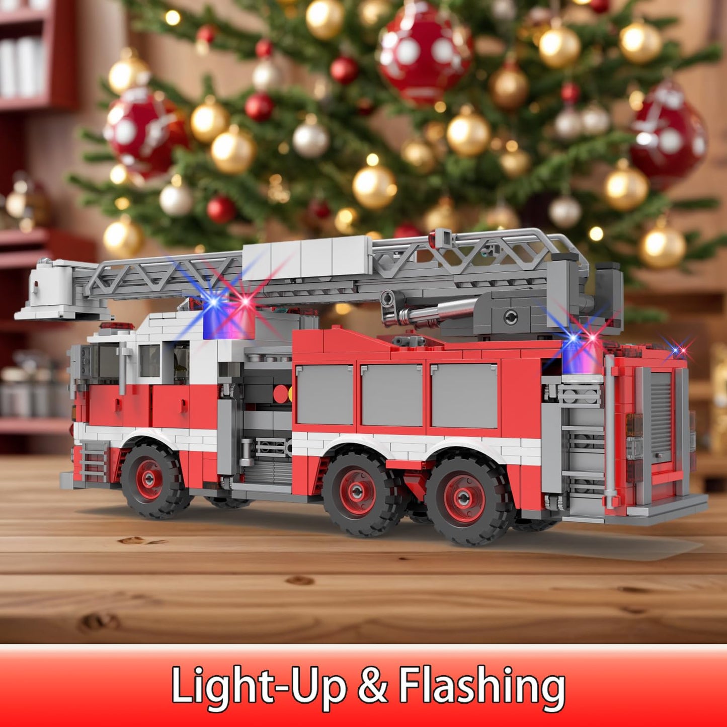 Light-Up Ladder Fire Truck Building Set - 720PCS STEM Toys for Kids & Adults, City Firetruck Building Bricks with Flashing Lights, Ideas Creative Gift