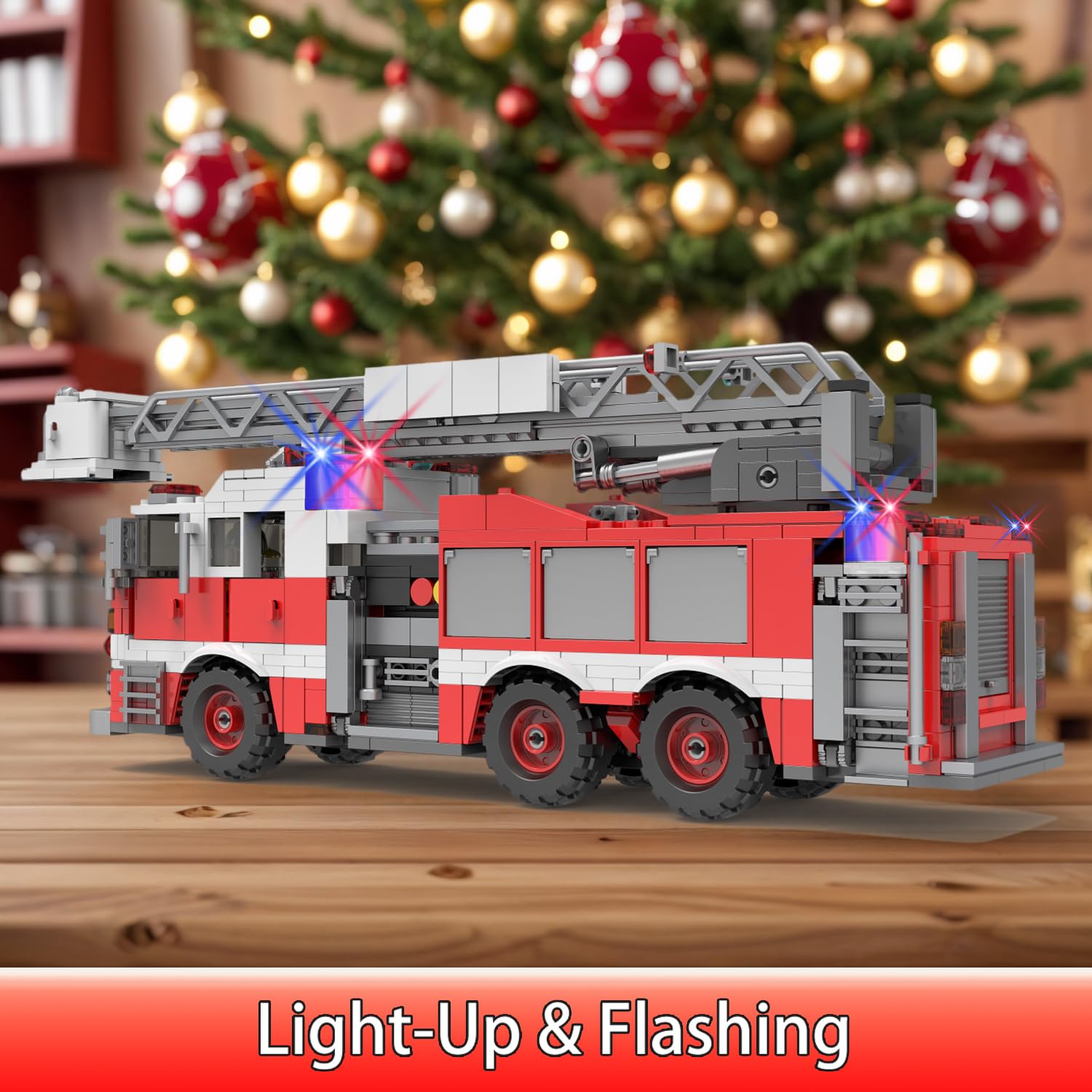 Light-Up Ladder Fire Truck Building Set - 720PCS STEM Toys for Kids & Adults, City Firetruck Building Bricks with Flashing Lights, Ideas Creative Gift