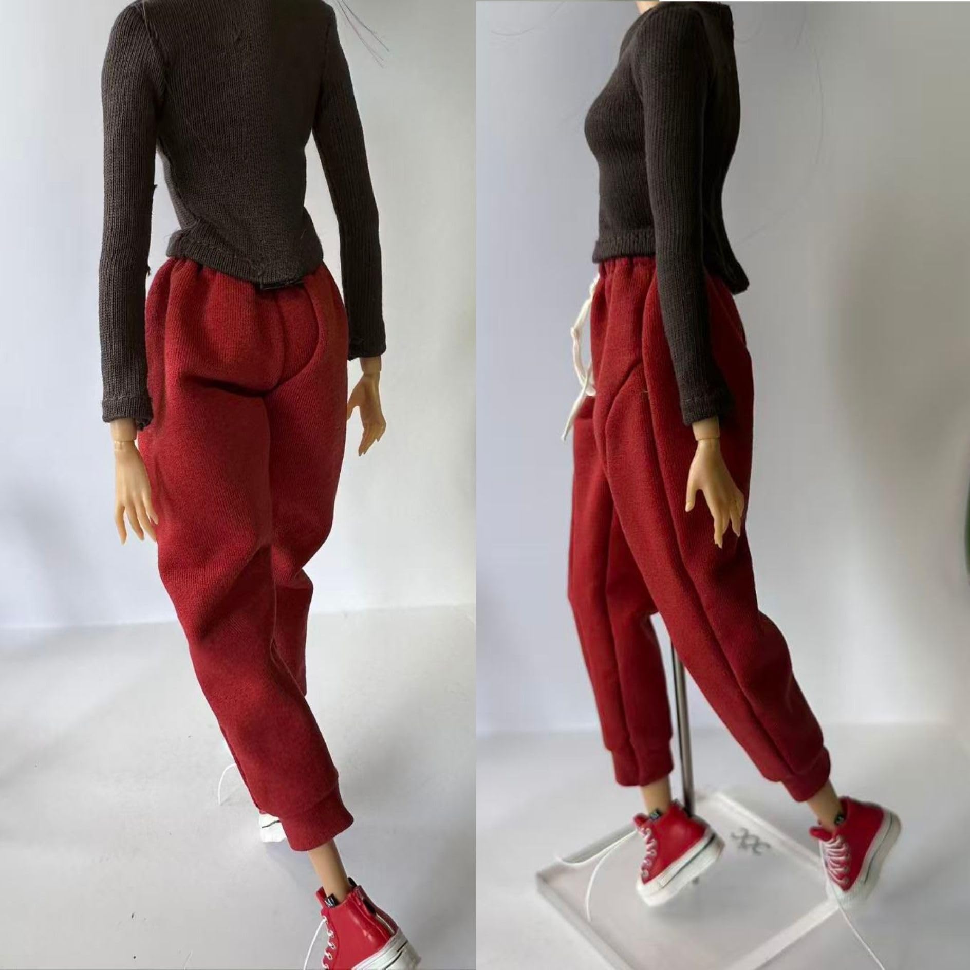 Doll Clothes Outfit Set for 11.5-12 Inch Fashion Dolls, Brown Raglan Top with red Jogger Pants and Sneakers (red Set)
