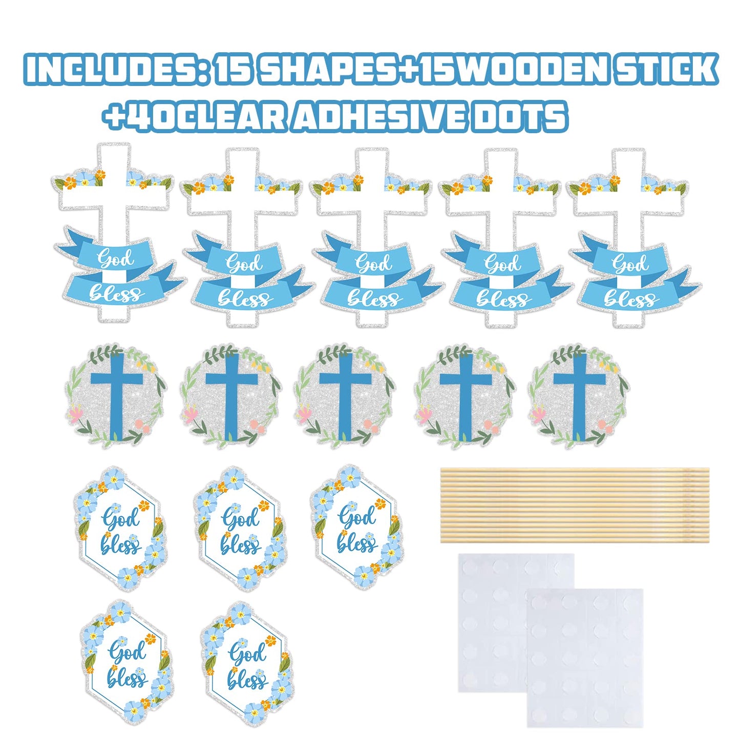 God Bless Centerpiece Sticks, Cross Community Sign - Baptism Party Decorations - Christening Party Supplies - 15PCS