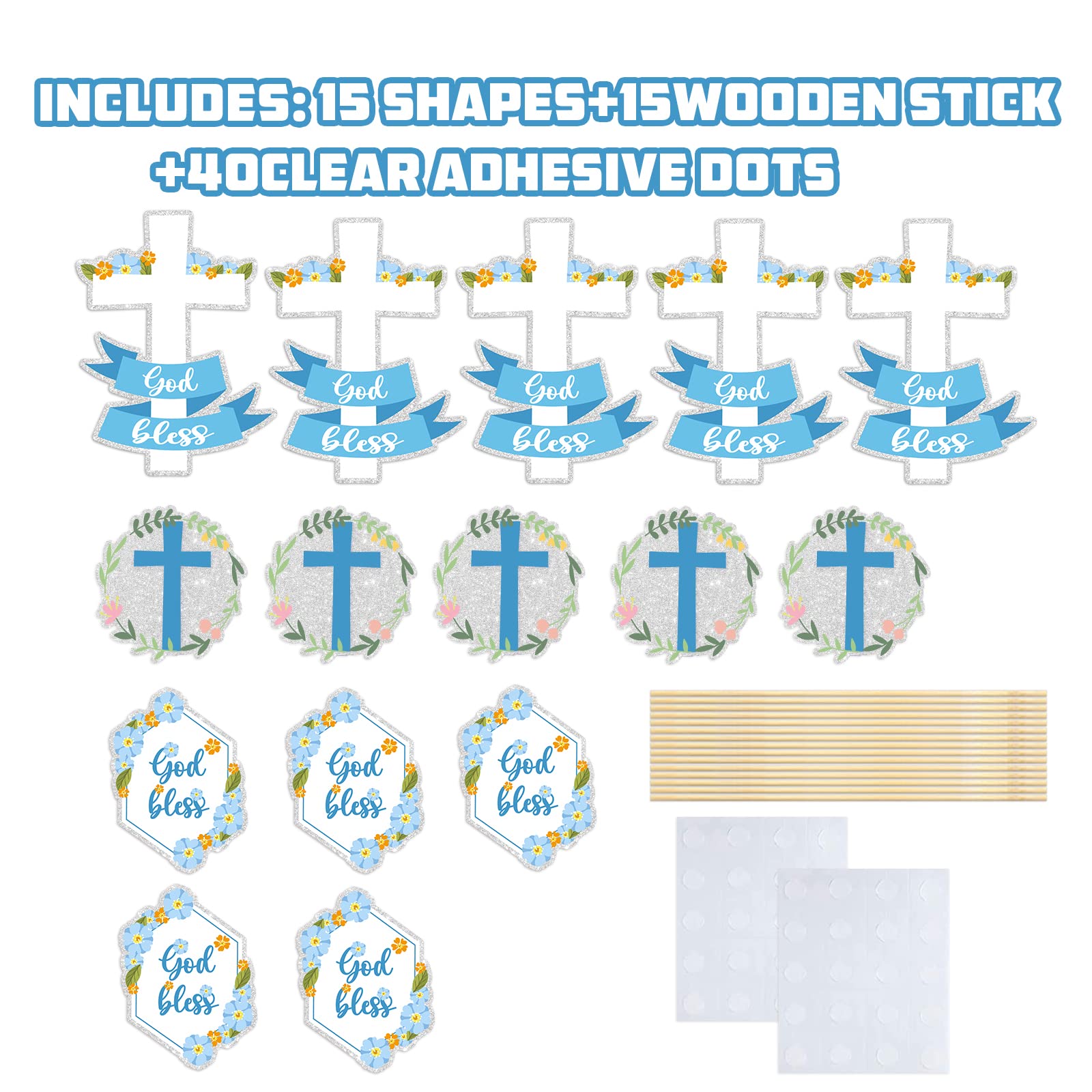 God Bless Centerpiece Sticks, Cross Community Sign - Baptism Party Decorations - Christening Party Supplies - 15PCS