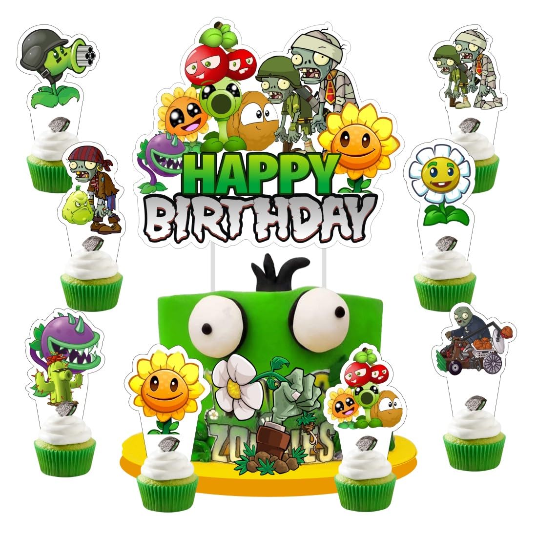 25Pcs Plants and Zombies Cake Decorations with 24pcs Cupcake Toppers, 1pcs Cake Topper for Kids Birthday Party Supplies