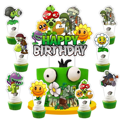 25Pcs Plants and Zombies Cake Decorations with 24pcs Cupcake Toppers, 1pcs Cake Topper for Kids Birthday Party Supplies