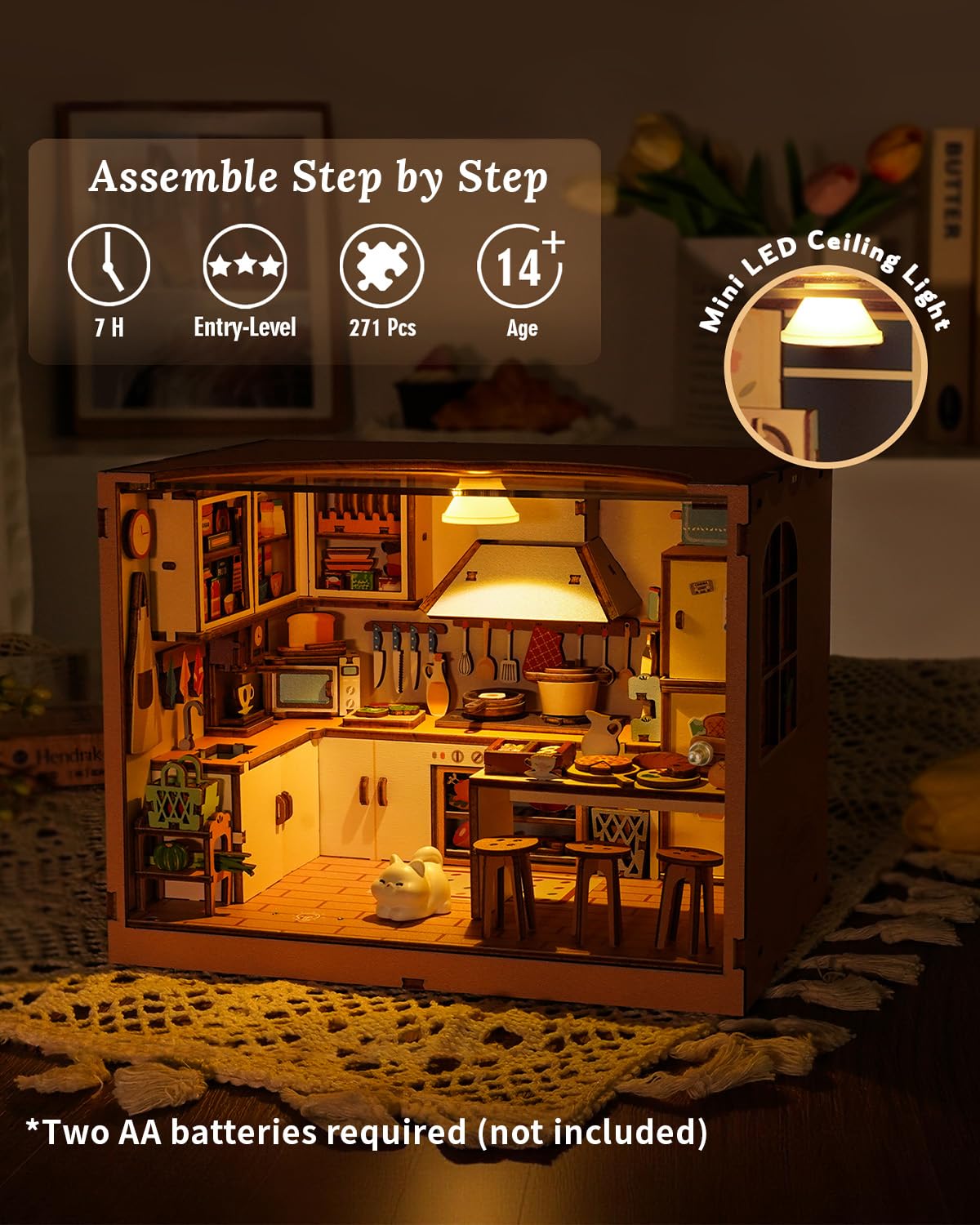 DIY Dollhouse Miniature House Kit 1:20 Scale Kictchen with LED Light, Tiny House Building Kit 3D Wooden Puzzle Crafts for Adults Home Decor Gift