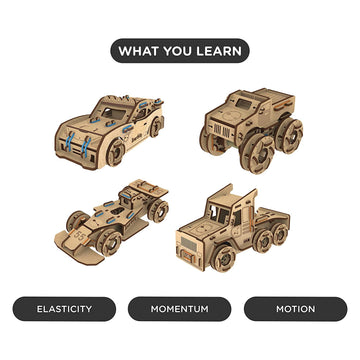 Smartivity Torque Busters 3D Wooden Car Engineering STEM Toy Building Set for Kids Ages 6 and Up, Includes Rubber Bands, Engineered Wood Components