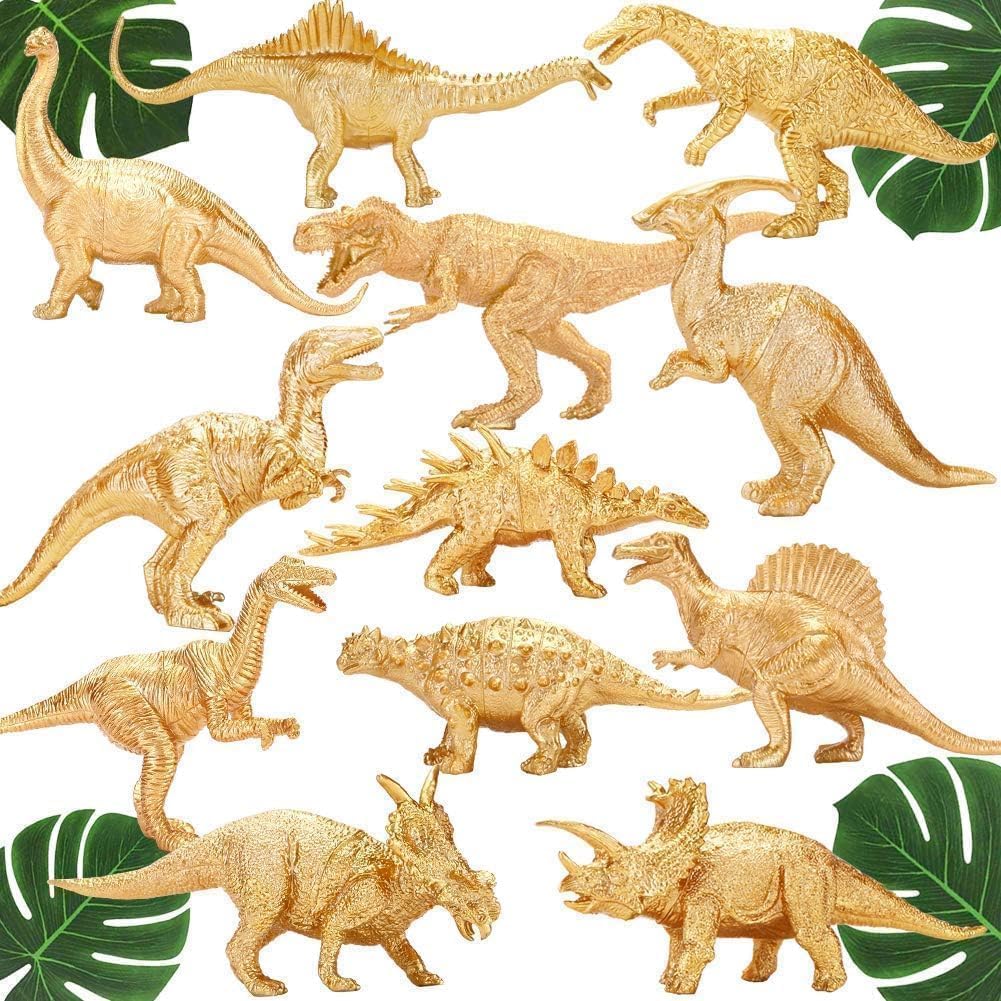 BOLZRA Metallic Gold Plastic Dinosaurs Figurine Toys, 12PCS Golden Dinosaur Figures for Boys Girls, Baby Shower, Bridal Shower Decorations, Kids Dino