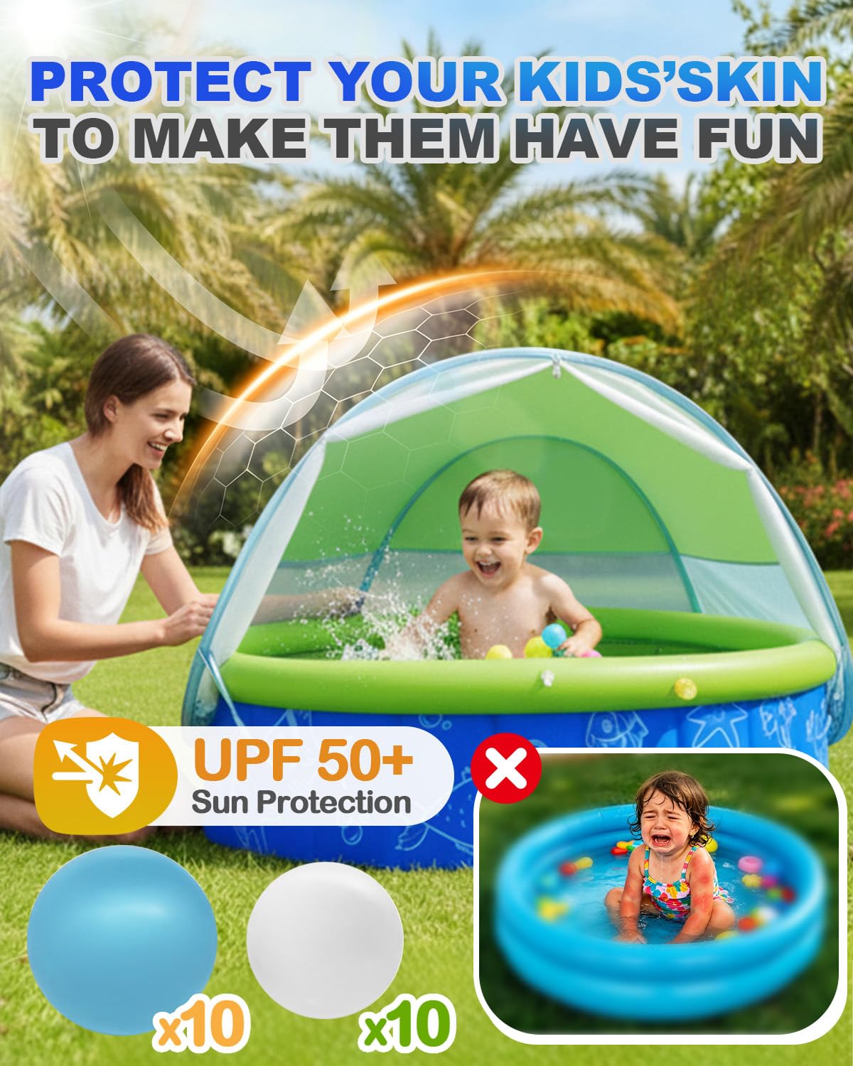 Olutula 2026 Updated Foldable Kiddie Pool with Canopy and 20 Ocean Balls: 47in for Baby Toddler Kids- Summer Water Play Pool with Sprinkler and Shade