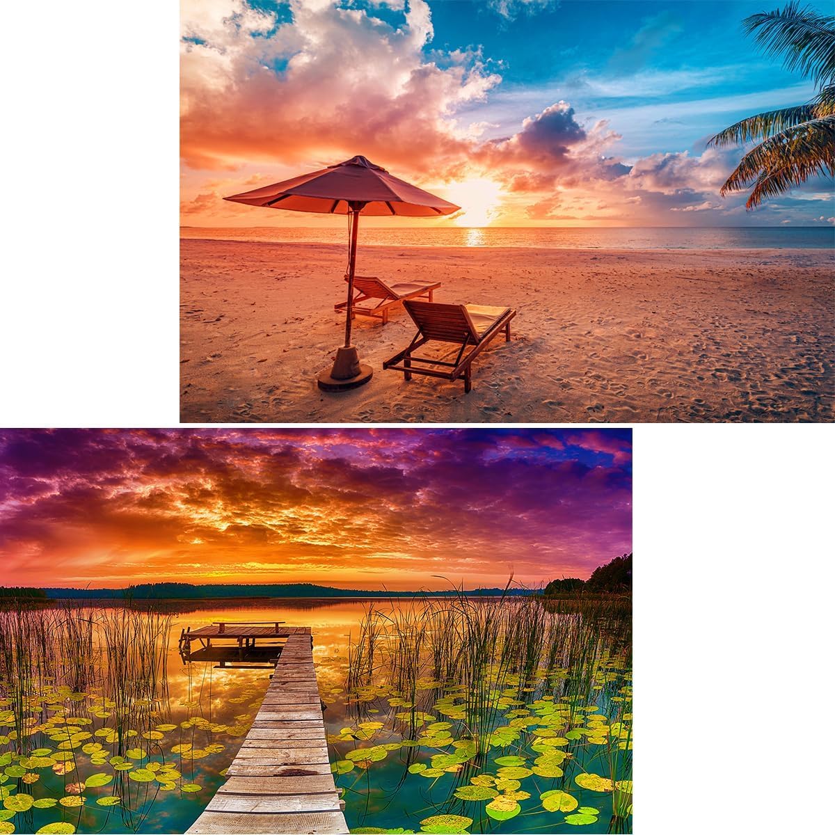 Jigsaw Puzzles 2 Pack 1000 Pieces Puzzles for Adults - Hawaii Beach & Lake at Sunset Nature Landscape Impossible Challenging Puzzles for Home Decor