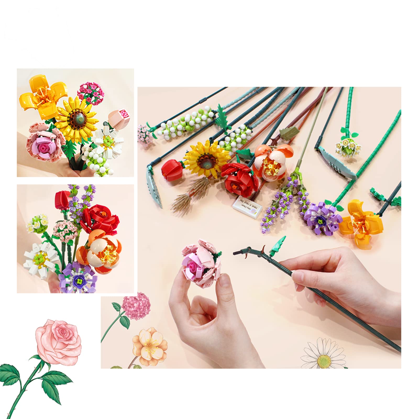 MEIEST Mini Building Blocks Flower Bouquet Plant Model Set,Creative DIY Artificial Flowers Botanical Collection Construction Bricks Toy for Kids