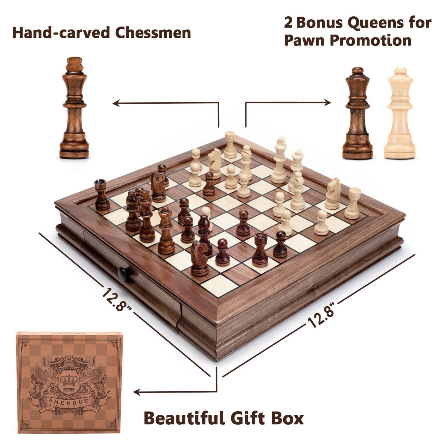 AMEROUS Magnetic Wooden Chess Set, 12.8" x 12.8" Walnut Chess Board Game with 2 Built-in Storage Drawers - 2 Bonus Extra Queens - Chess for Beginner