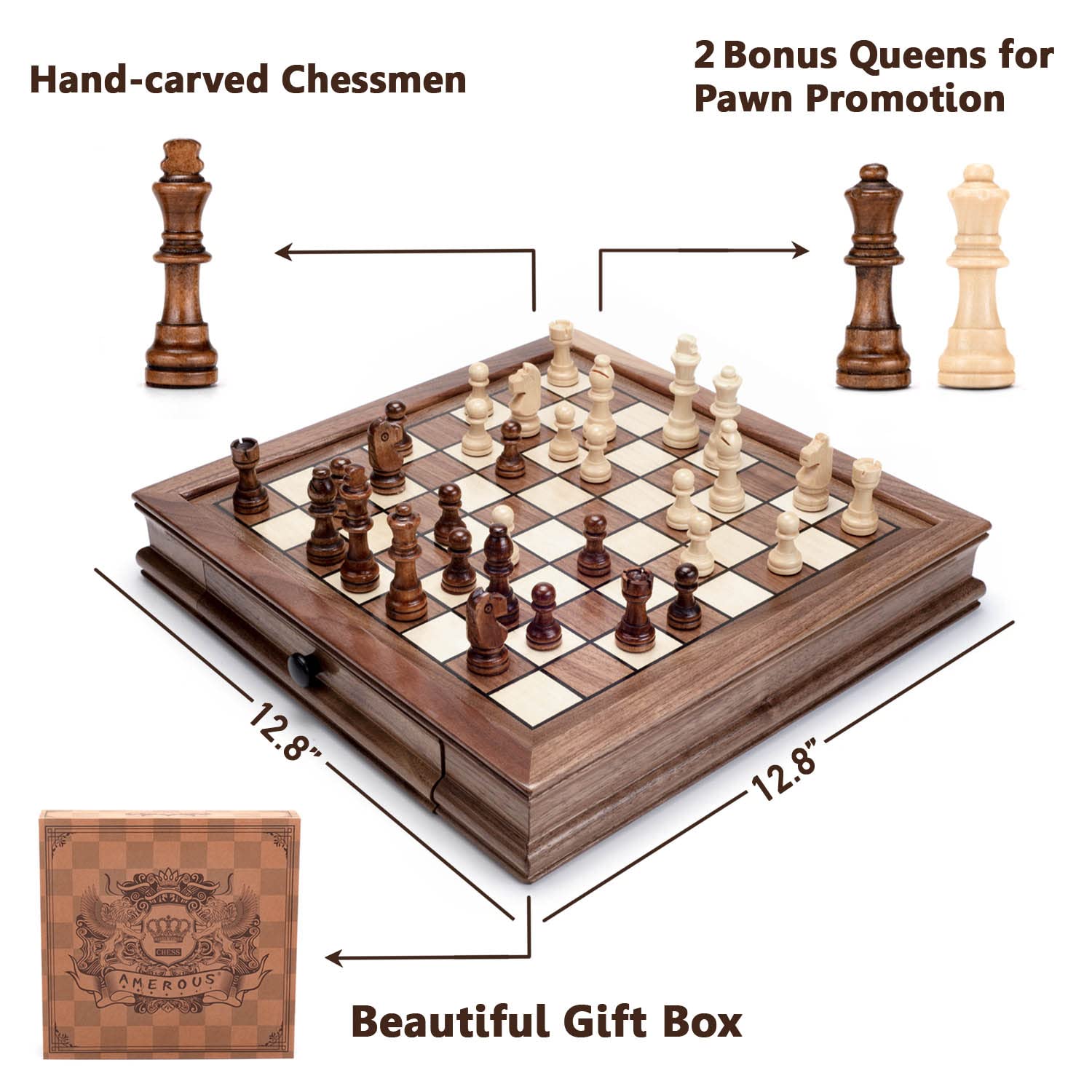 AMEROUS Magnetic Wooden Chess Set, 12.8" x 12.8" Walnut Chess Board Game with 2 Built-in Storage Drawers - 2 Bonus Extra Queens - Chess for Beginner