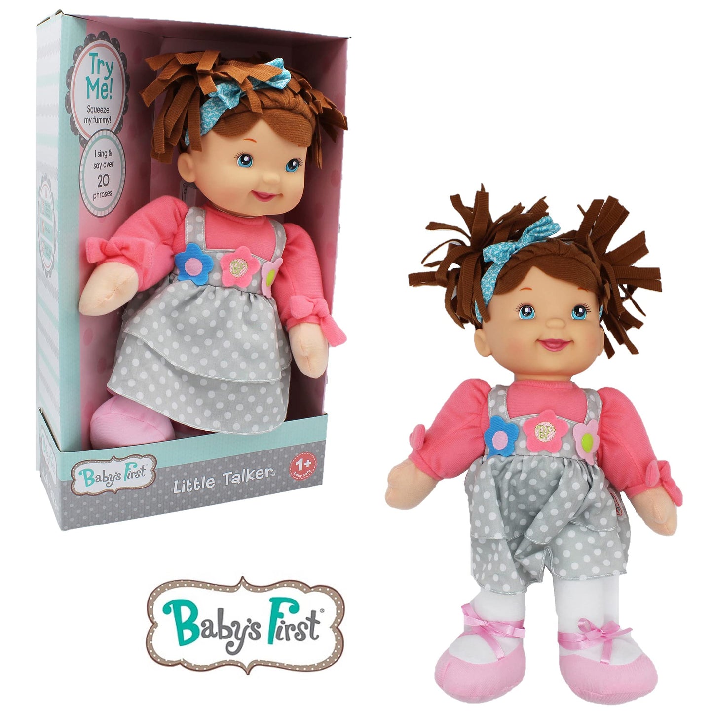 Goldberger's Baby's First: Little Talker Brunette Doll - Says 20 Random Phrases When Tummy is Pressed, Machine Washable - Safe for Children Ages 1
