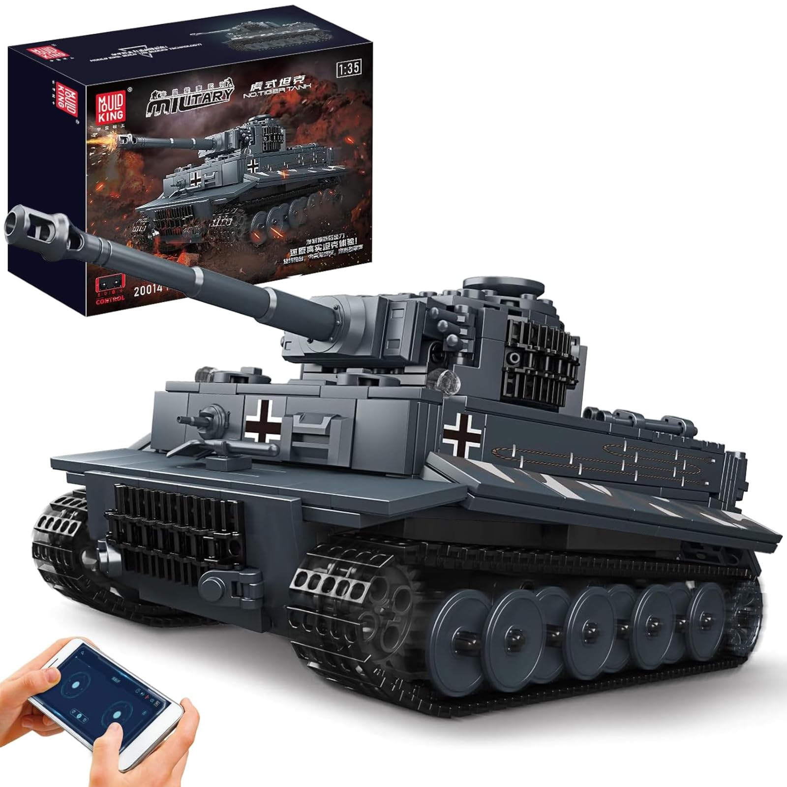 Mould King MOC Tiger Tank Building Blocks Toy, Remote APP Control Military Vehicle Model Construction Block Kits, Adult Collectible Model Tanks Sets