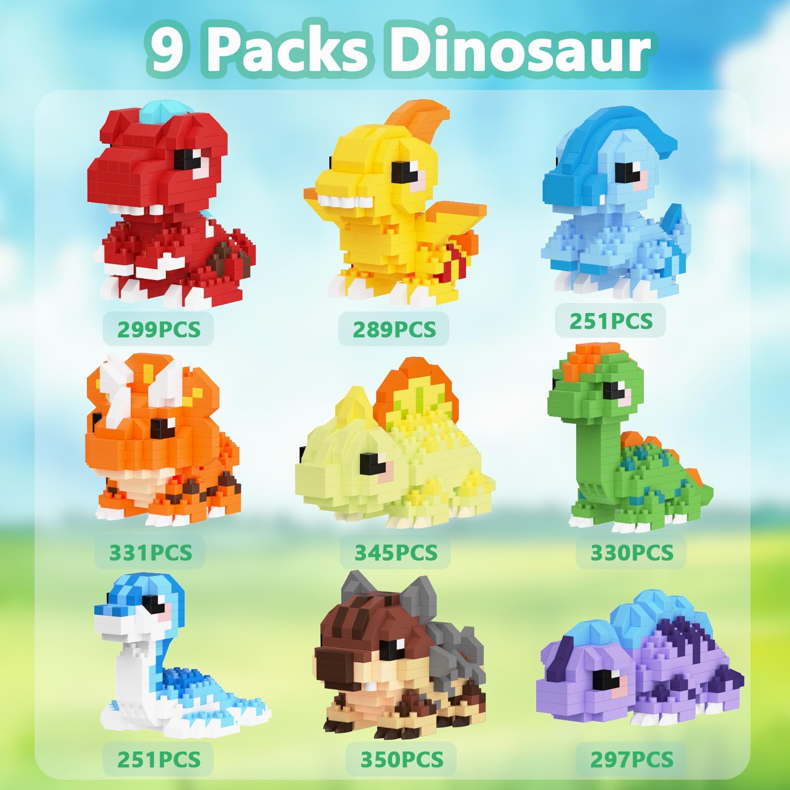 TENYEAH 9 Packs Mini Building Set Dinosaur Toys for Adult, Cut Dionsaur Building Blocks Party Favors Toys, Assemble Game Home Decor Creative Birthday