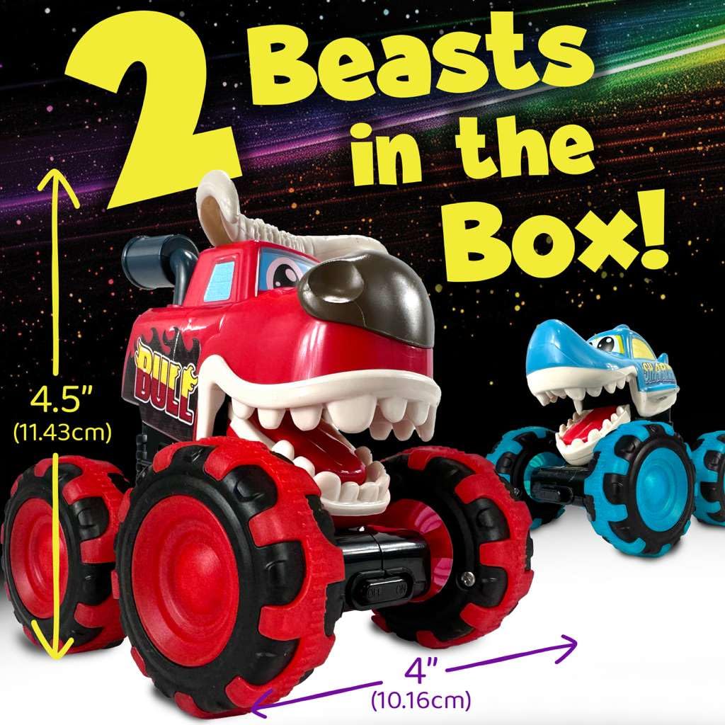 stargo 2 Pack Monster Truck Toy - Motion Activated Pull Back Light-Up Cars for Toddlers - Monster Shark & Bull with Lightning Wheels, Press & Go Cars