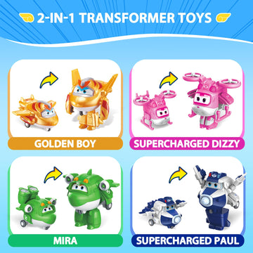 Super Wings 2" Transform-a-Bot 4-Pack, Supercharged Paul, Dizzy, Golden Boy, Mira, Airplane Toys Mini Action Figures, Preschool Toys for 3 4 5 Year