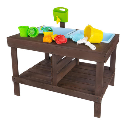 WONKAWOO Sand and Water Table for Toddlers | Outdoor Wooden Sensory Sand Table with 2 Plastic Bins, Built-in Water Tap and Beach Toys Included | Sand