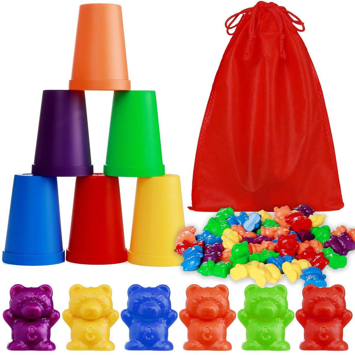Jeffbaubl 67Pcs Counting Rainbow Bears with Matching Sorting Cups,Educational Sorting Toy for Toddler,Montessori Counting Toy Bears for Kid,Number