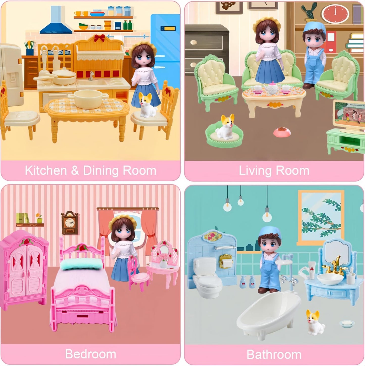 Princess Dollhouse Furniture Set, 48 Piece Luxury Miniature Accessories Collection with Living Room, Bathroom, Bedroom?Kitchen, TV Entertainment Set