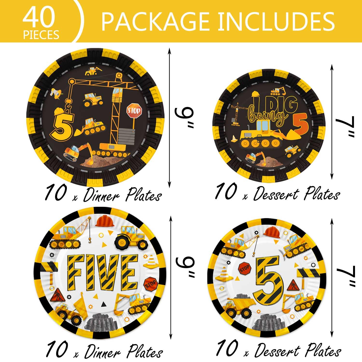 40 Pcs Construction 5th Birthday Party Paper Plates Dump Truck Five Years Old Disposable Paper Dinner Plates 4 Designs Tableware for Construction