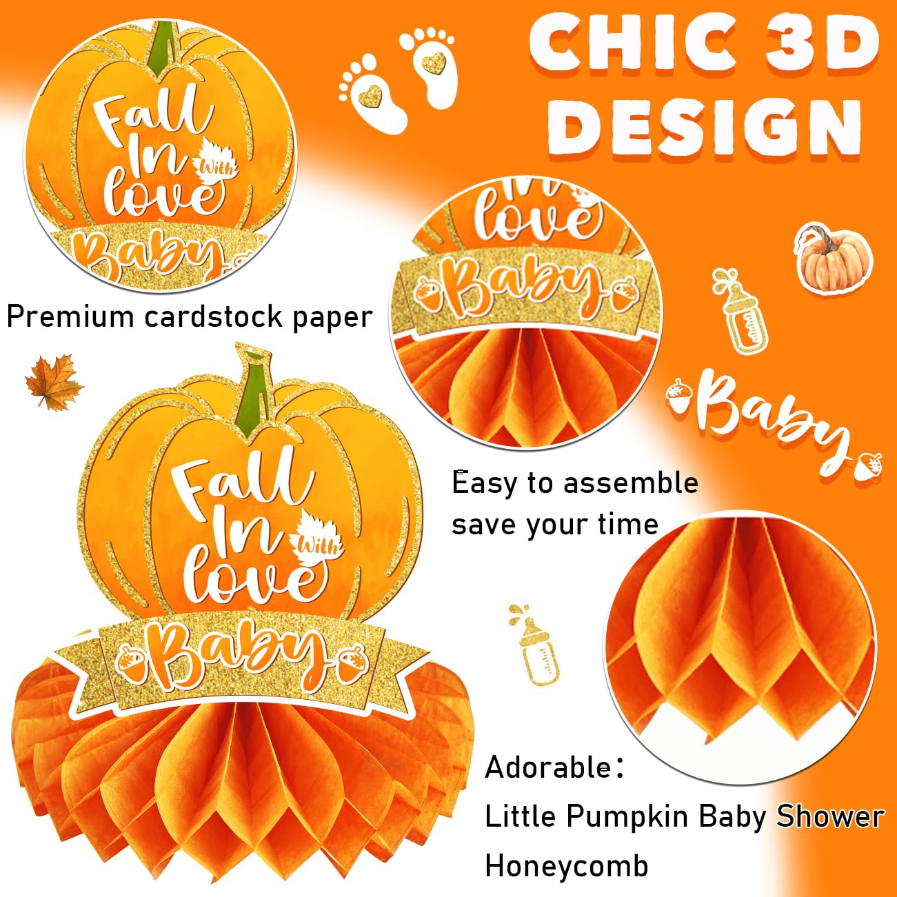 8 PCS Little Pumpkin Baby Shower Decorations Honeycomb Centerpieces Fall Theme Baby Shower Table Decorations Pumpkin Birthday Party Table Toppers