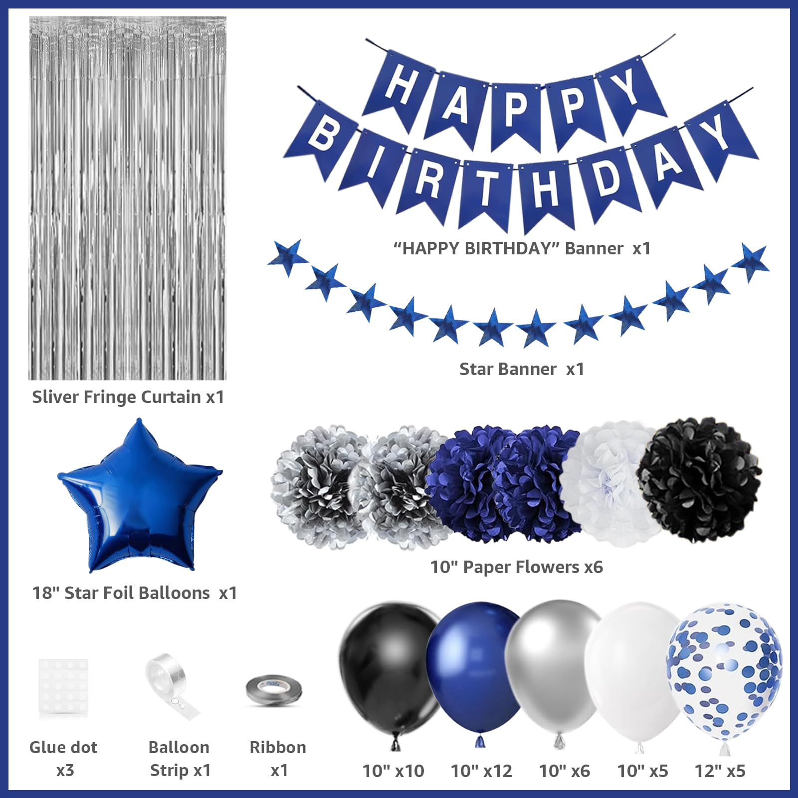 Navy Blue Birthday Decorations for Men Boys, Blue Silver Party Decorations Happy Birthday Banner Fringe Curtains star garland Paper Pom Poms Party