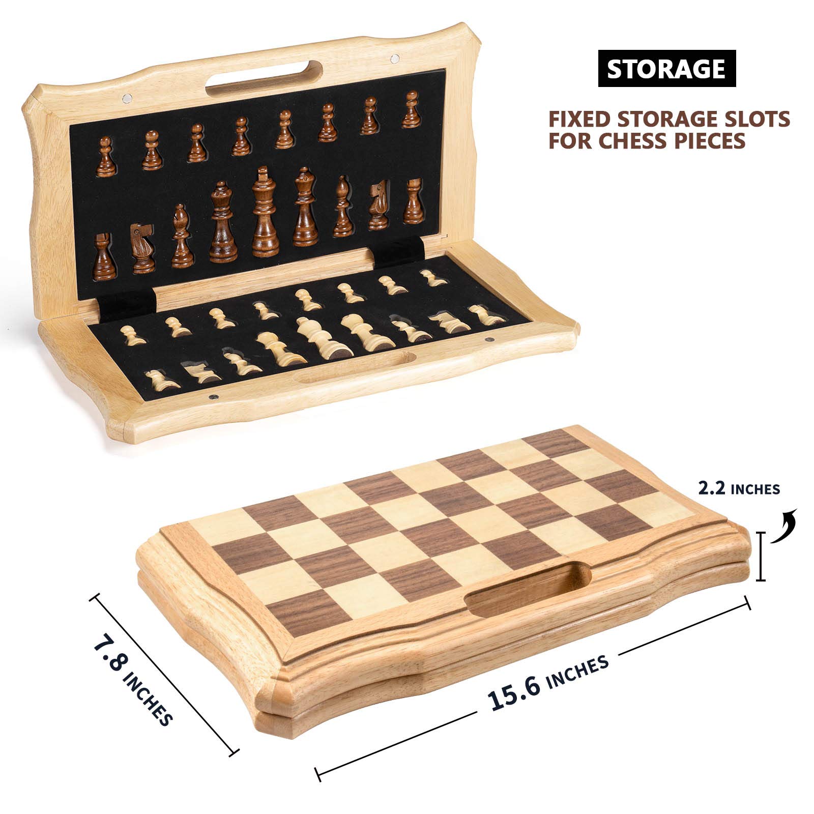 AMEROUS 15.6 inches Magnetic Wooden Chess Set, Handheld Style Chess Board Game Sets with Game Pieces Storage Slots - 2 Extra Queens - Gift Package