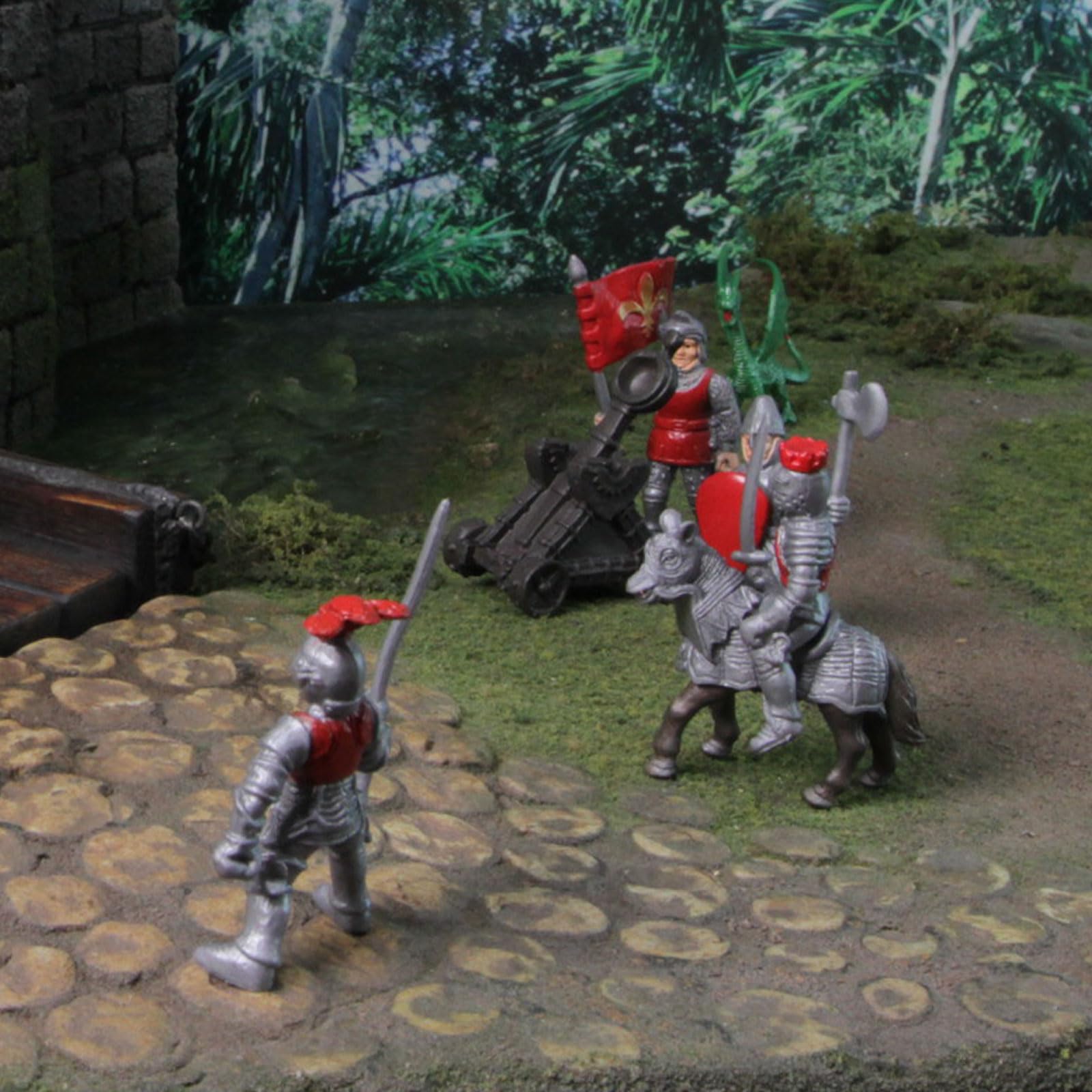 Safari Ltd. Knights & Dragons Toob - Set of 10 Mini Figurines: Red & Blue Kingdom Knights, Catapult, and Green Dragon - History Learning Toy Figures