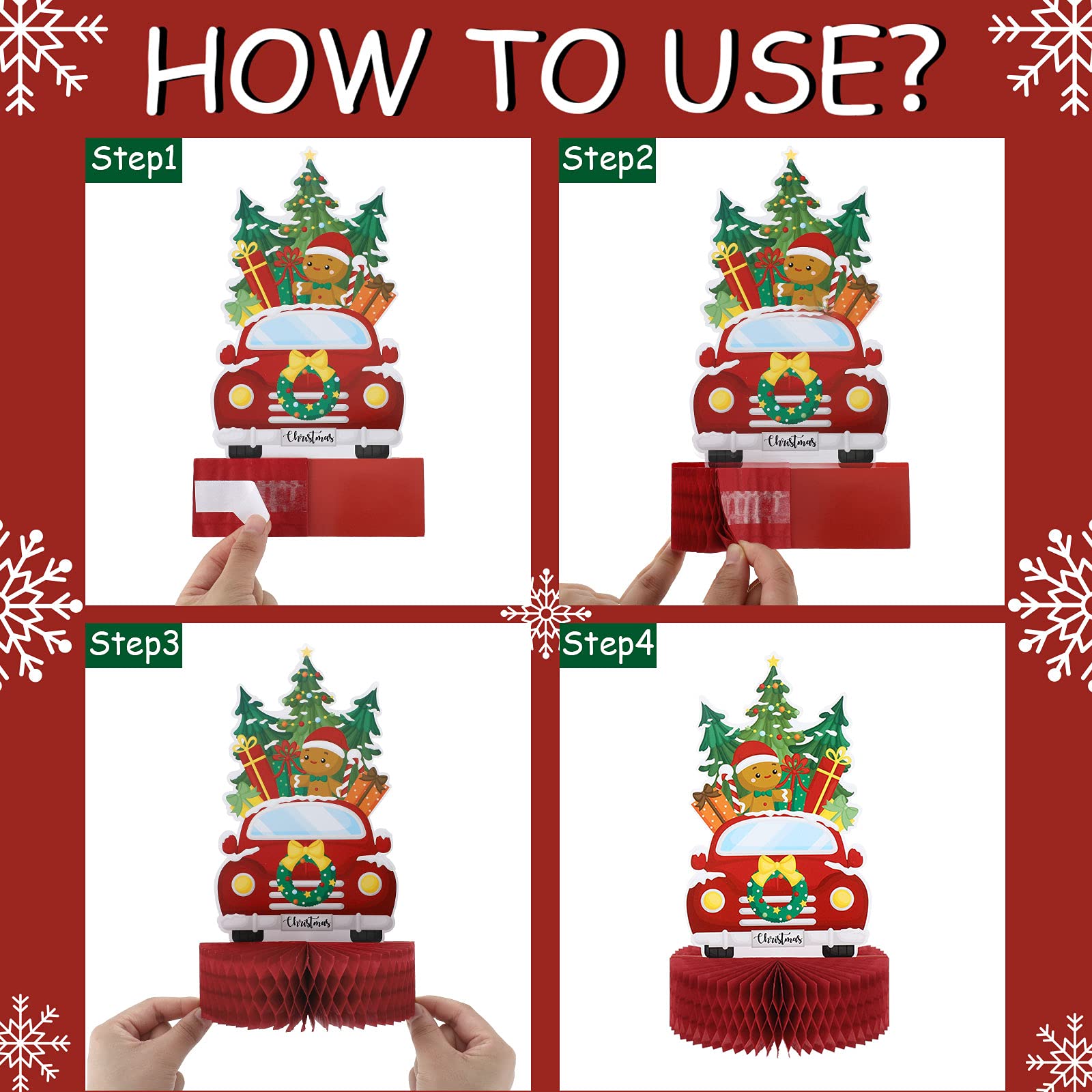 6 Pieces Christmas Table Decorations Honeycomb Centerpieces, Christmas 3D Honeycomb Table Decor, Santa Snowman Topper for Winter Holidays Dining Room