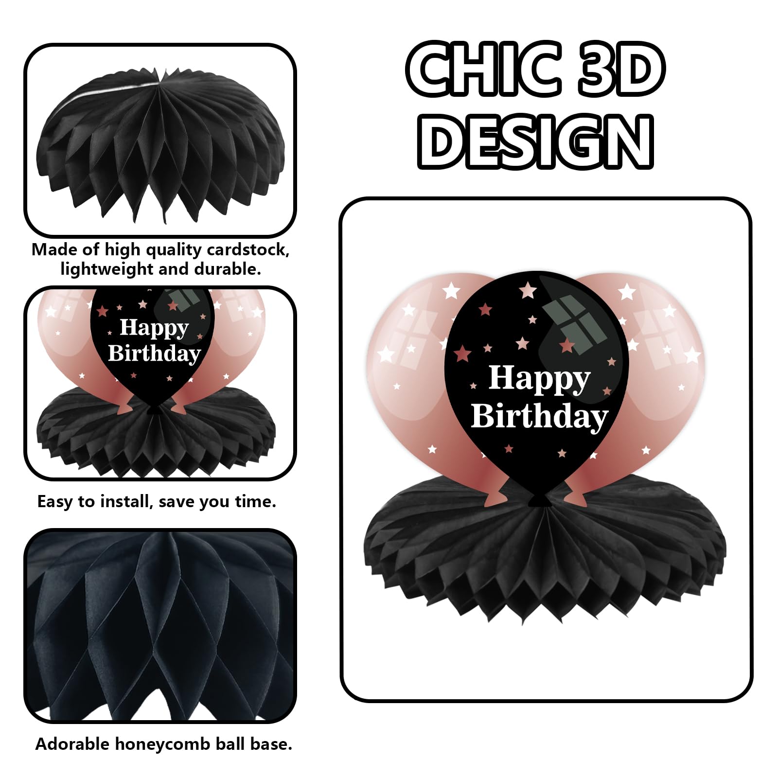 Happy 10th Birthday Rose Gold and Black Table Honeycomb Centerpieces Balloons Theme Decor Table Decorations Table Toppers for Girls Women Princess 10