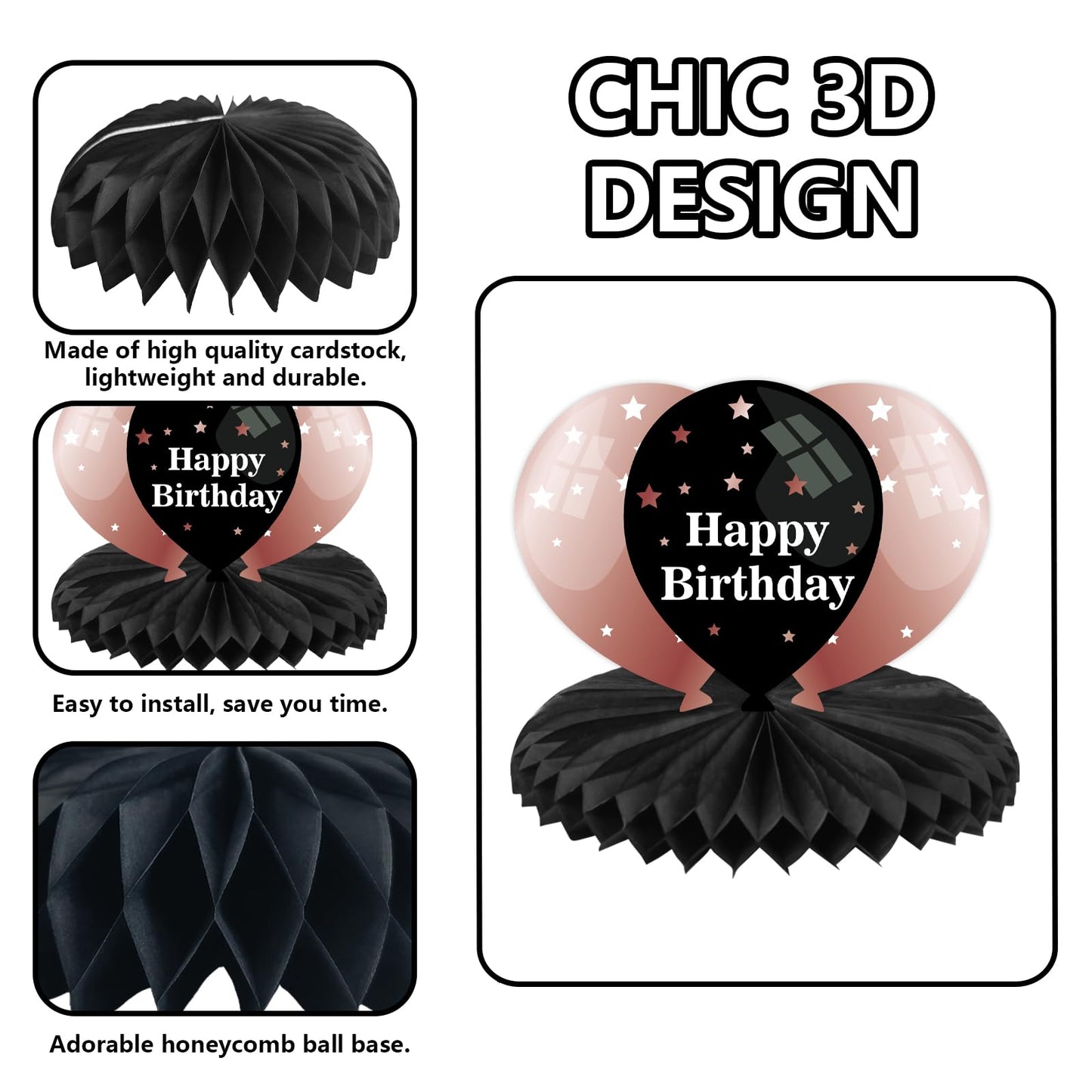 Happy 25th Birthday Rose Gold and Black Table Honeycomb Centerpieces Balloons Theme Decor Table Decorations Table Toppers for Girls Women Princess 25