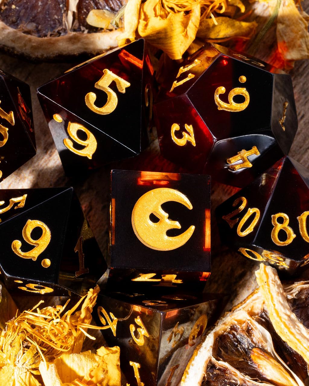 The Crooked Moon Sharp Resin Dice Set - 7-Piece Engraved TTRPG Dice with Golden Moon Design | Premium Polyhedral Dice for Tabletop RPGs & Collectors