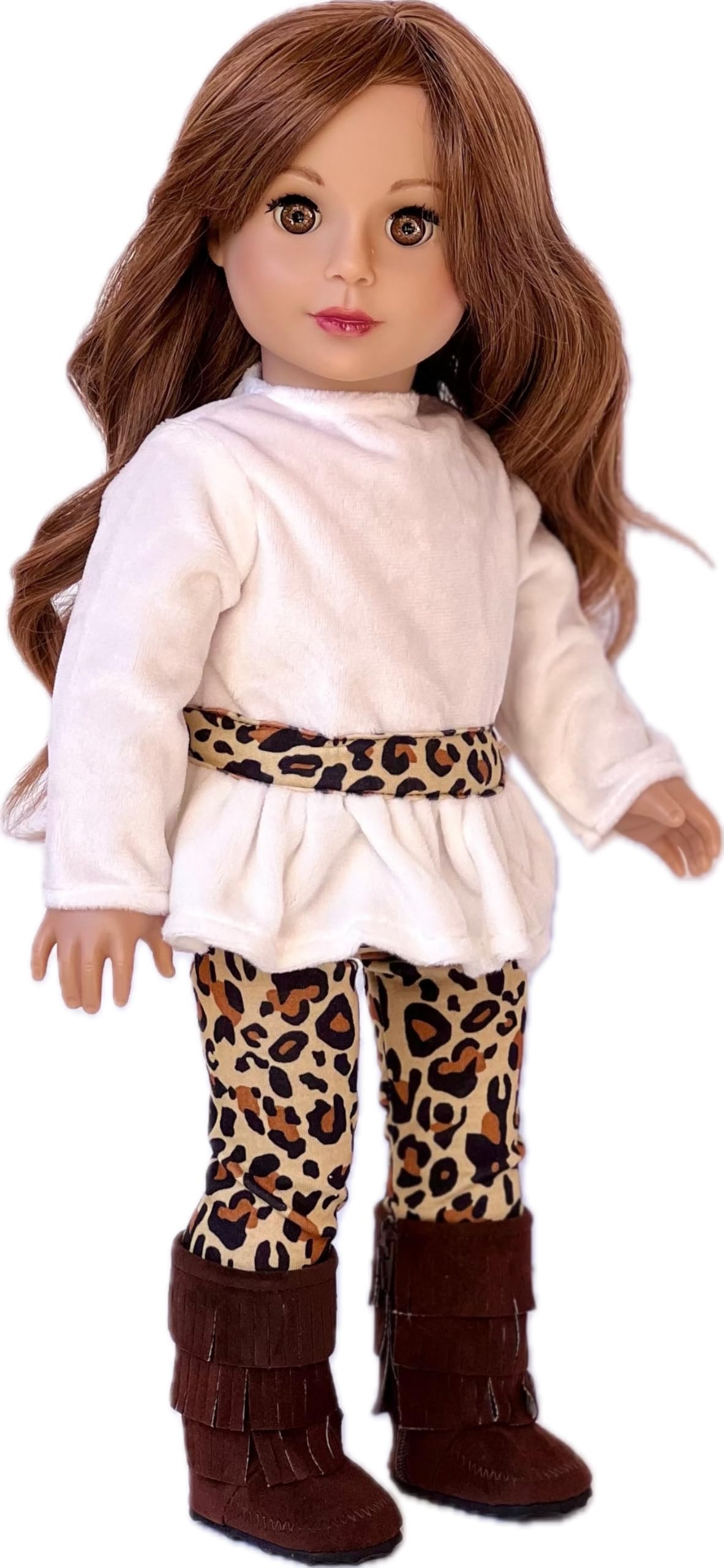 18 inch Dol Clothes - Fashion Safari - 3 Piece 18 inch Doll Outfit - Ivory Velvet Tunic, Cheetah Leggings and Fringed Boots - (Doll Not Included)
