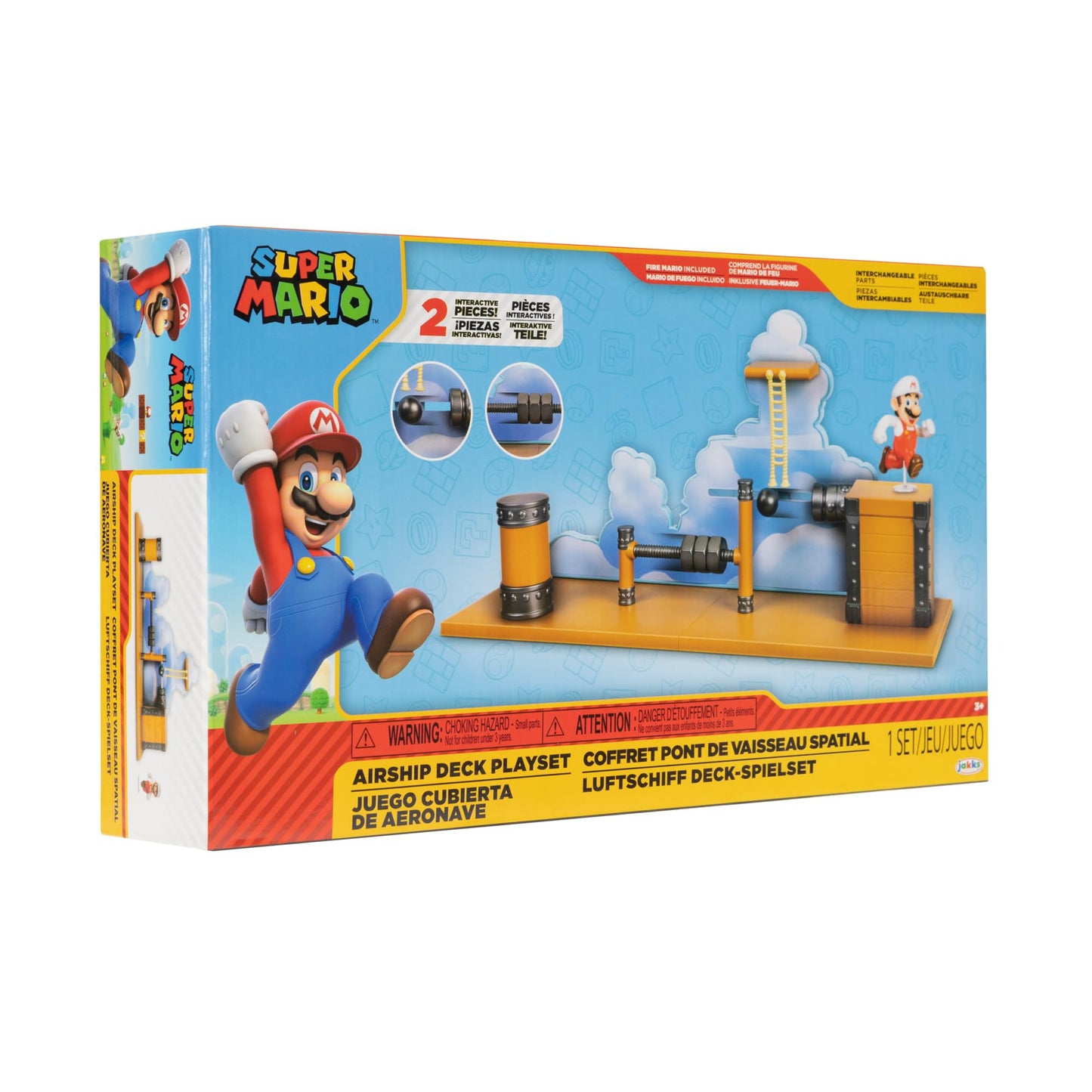 Super Mario Deluxe 2.5in Bowser's Air Ship Playset with Fire Mario Action Figure, Rope Ladder and Screw-Bolt Obstacles