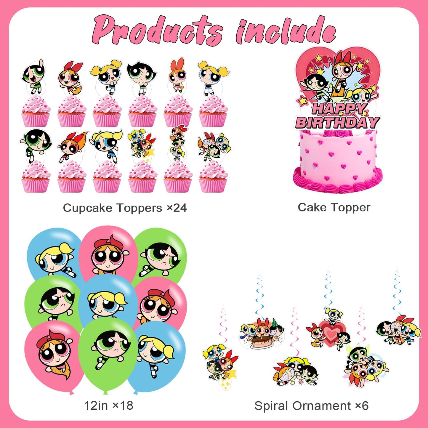 Power Girls Birthday Party Decorations, Happy Birthday Banner, Cake Topper, Hanging Swirls & Latex Balloons, Power Girls Party Supplies for Girls