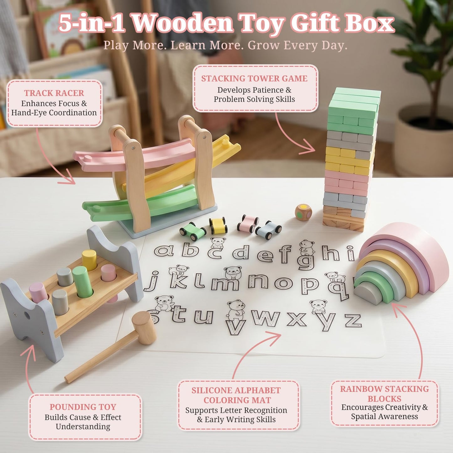 Montessori Kids Toys Play Kit, Wooden Toys Set with Tumbling Stacking Blocks, Track Racer, Silicone Alphabet Mat, Rainbow Stacker & Pounding Toy