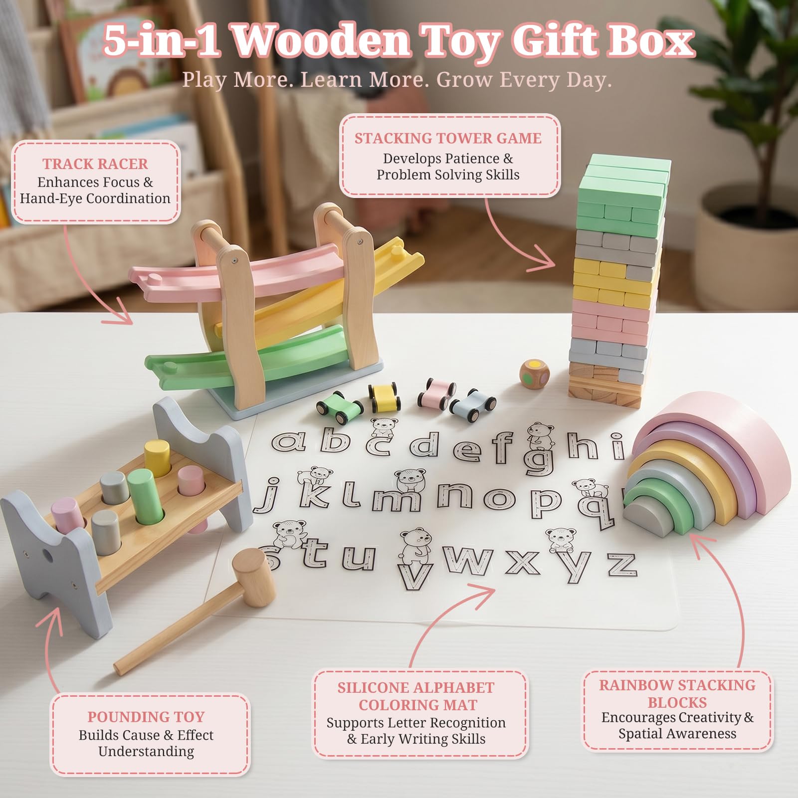 Montessori Kids Toys Play Kit, Wooden Toys Set with Tumbling Stacking Blocks, Track Racer, Silicone Alphabet Mat, Rainbow Stacker & Pounding Toy