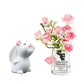 2PCS Mini Smell The Fragrant Rabbit & Pink Peach Blossom Flower Vase Ornaments - Handmade Resin Miniature Vases for Dollhouse, Fairy Garden, Micro