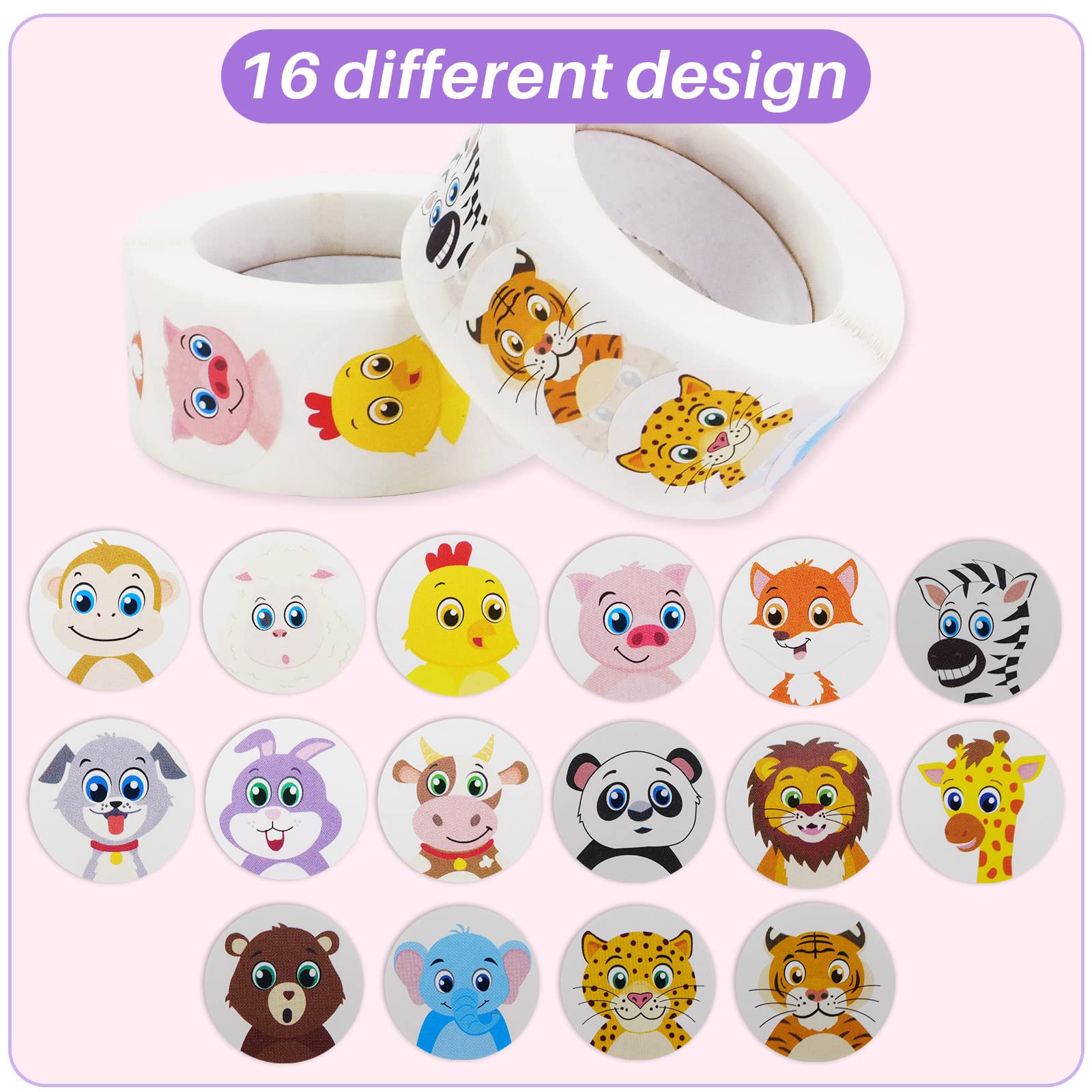 1000 PCS Small Cute Animal Stickers for Students Teachers Classroom Party(1" Diameter / 2 Roll / 16 Designs)