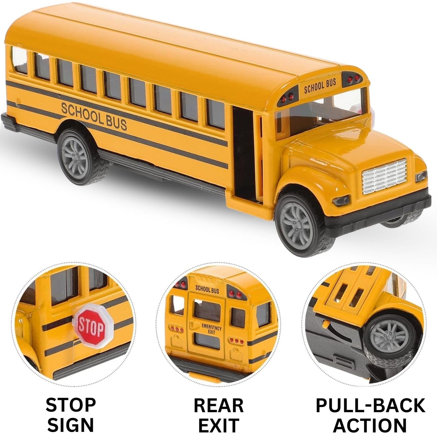 12 Pack: Diecast Yellow School Bus Model Toy, 5" Pullback Die Cast Metal Classic Long Nose Vehicles for Kids with Rubber Tires and Opening Doors