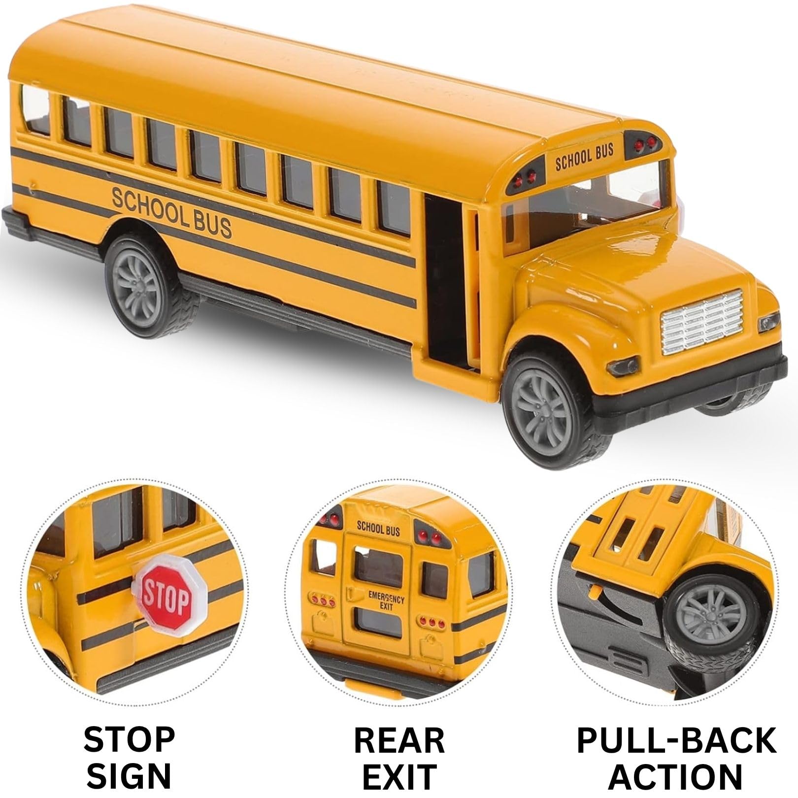 12 Pack: Diecast Yellow School Bus Model Toy, 5" Pullback Die Cast Metal Classic Long Nose Vehicles for Kids with Rubber Tires and Opening Doors