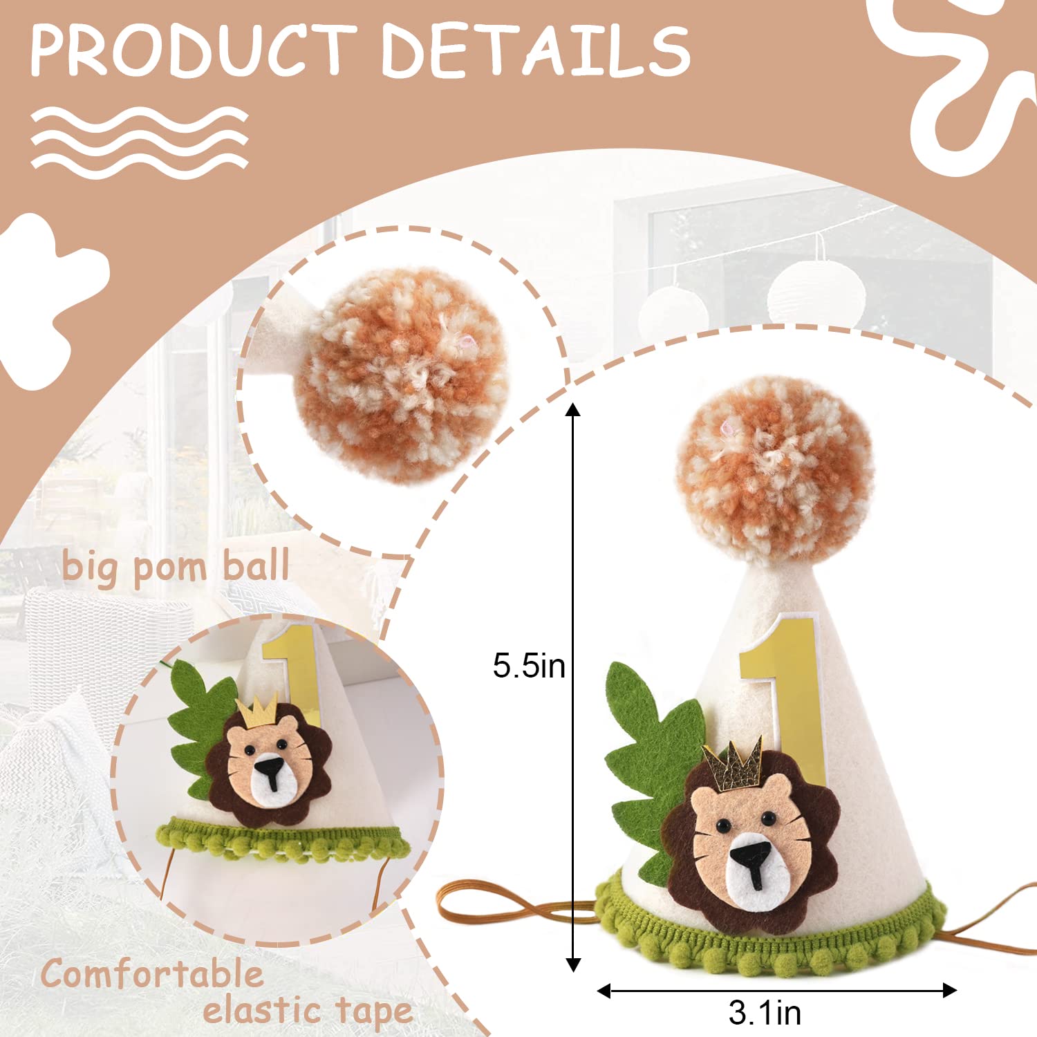Lion Theme First Birthday Crown - Wild One Jungle Safari Decoration for Boys