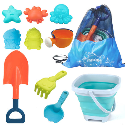 HaiLeTao Beach Toys Set for Kids -Collapsible Sand Bucket&Mesh Beach Bag and Shovels Sand Rake Toy 11Pcs Set, Animal & Dinosaur